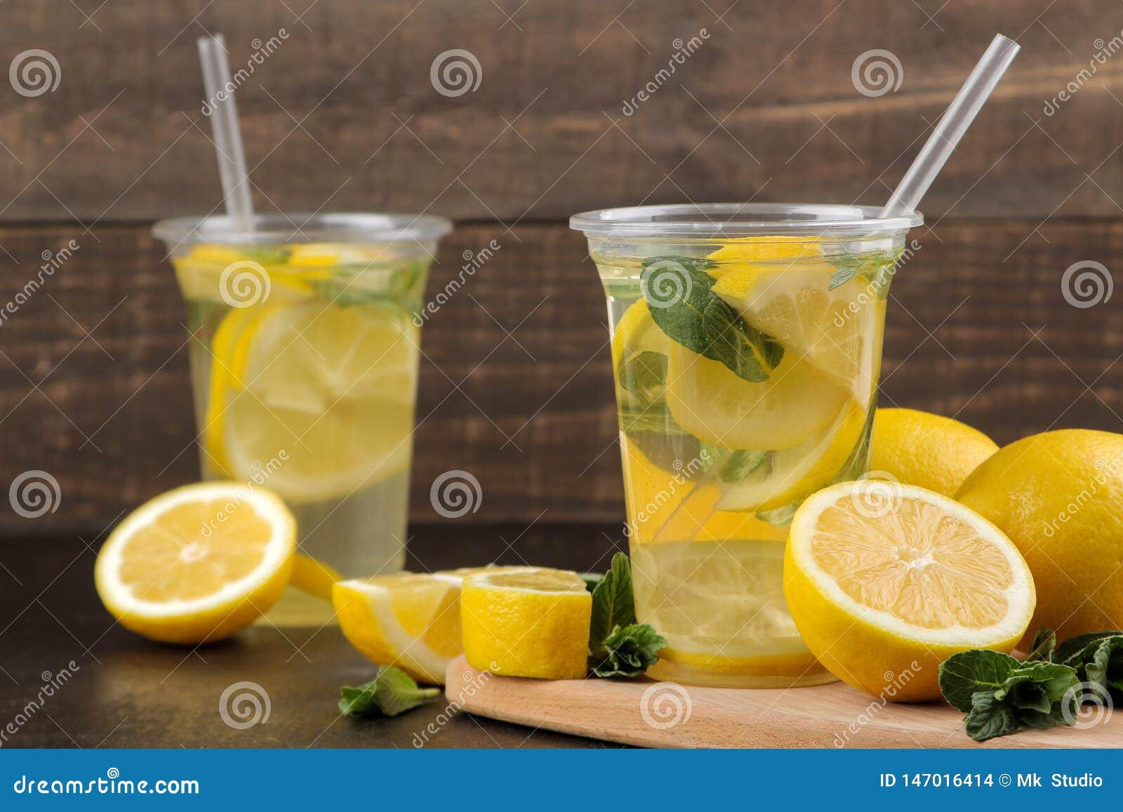 Wallpaper #GGfpAZMBSpphPi3-Wa1b89 Homemade Lemonade with Mint and Lemon in Plastic Glasses on a Brown