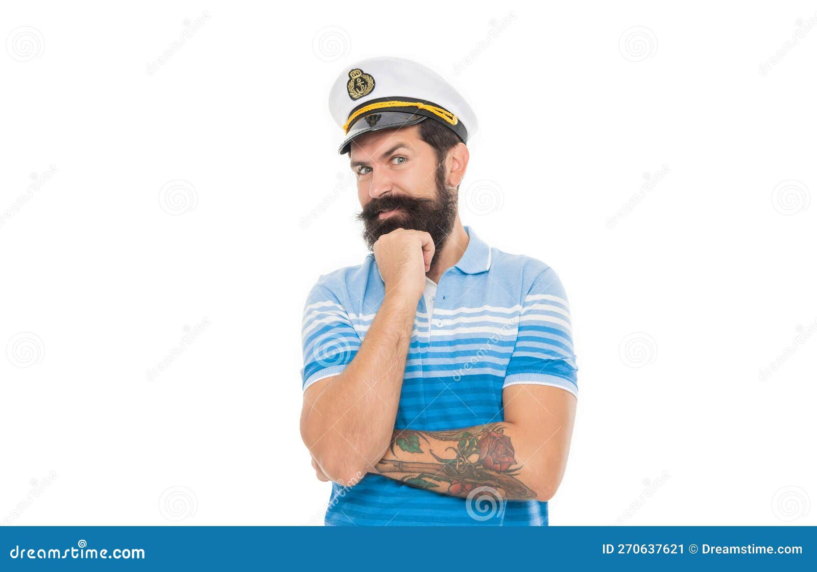 Wallpaper #0jEXNpMB5zzyi_yYPFik44 Happy Captain Propping Chin Bearded Man Wearing Captain Hat Stock