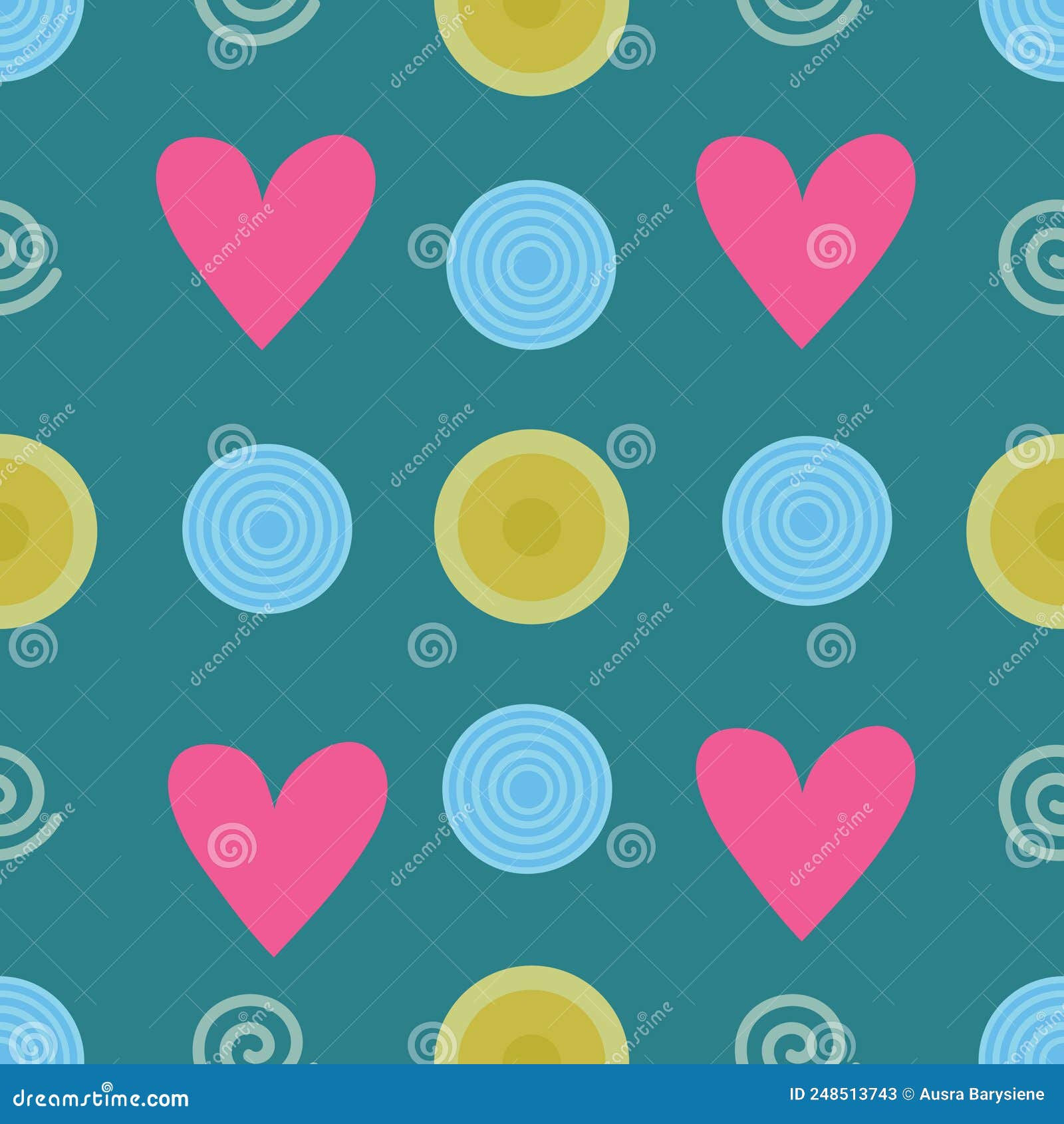 Wallpaper #Tmd395IBSpphPi3-tobx128 Heart Shapes and Circles Seamless Pattern on Dark Green Background