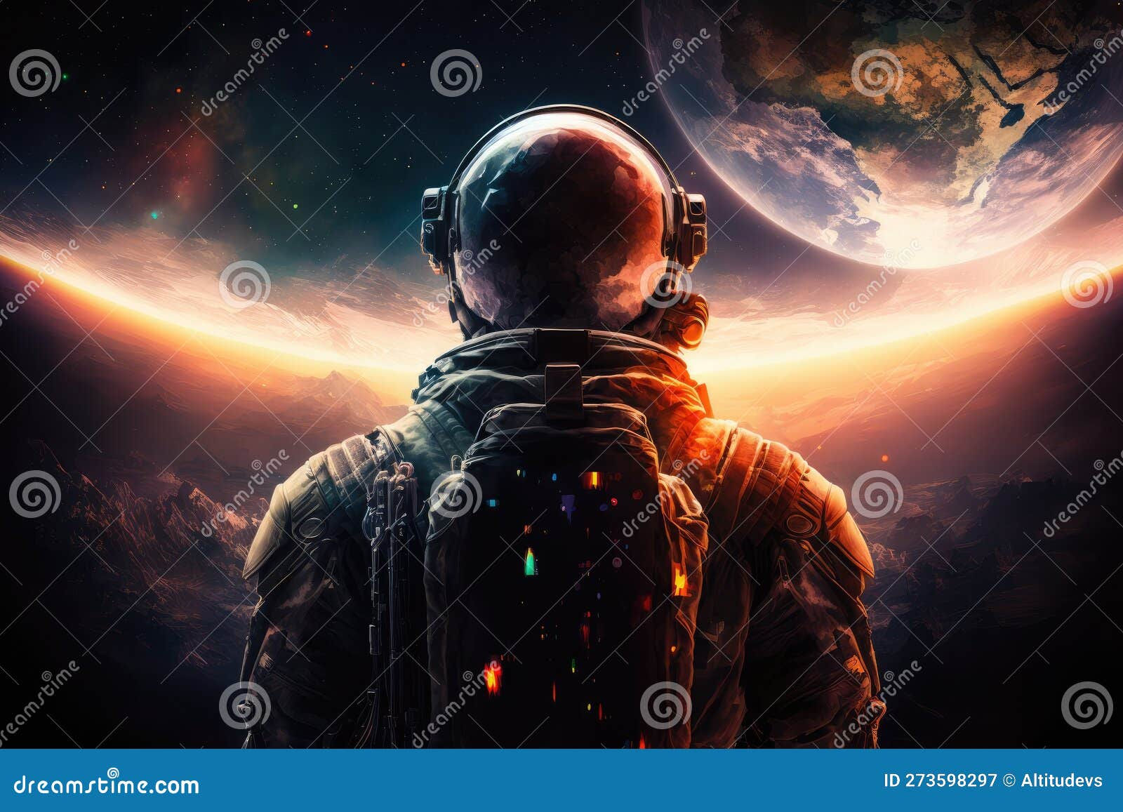 Wallpaper #Q2cF-JIBSpphPi3-IohL48 Person in Military Space Suit Against Background of Large Planet