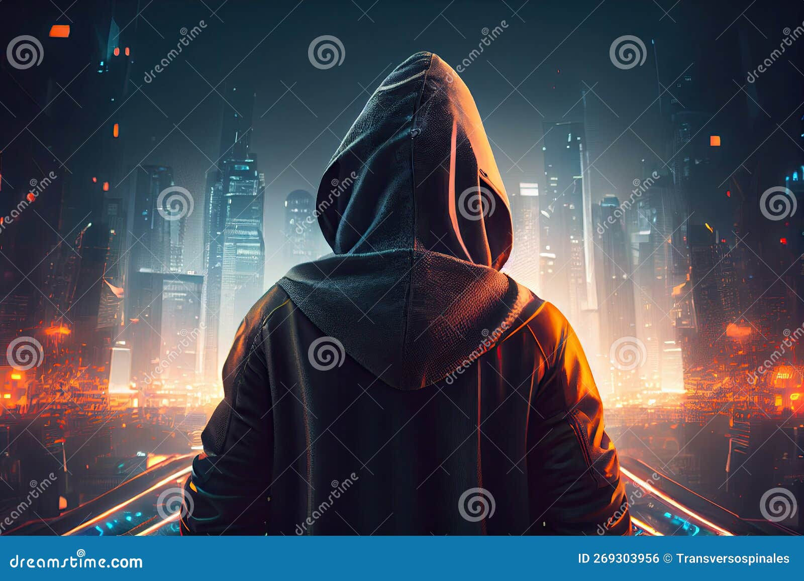 Wallpaper #eWch55IBSpphPi3-GzaF199 Person in Hoodie in City of Future Cyberpunk Background Man Wearing