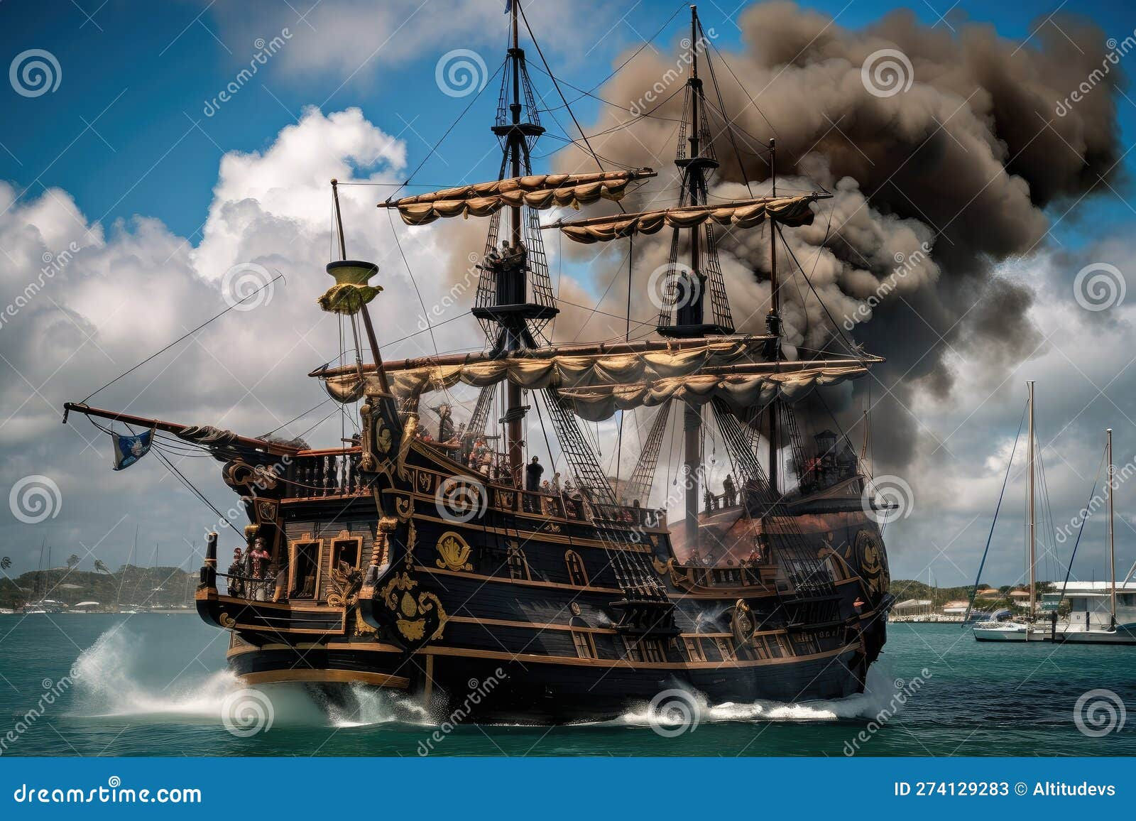 Wallpaper #5JxX4pIBZHQxiYari78Z15 Pirate Ship with Cannons Firing and Smoke Rising into the Air Stock