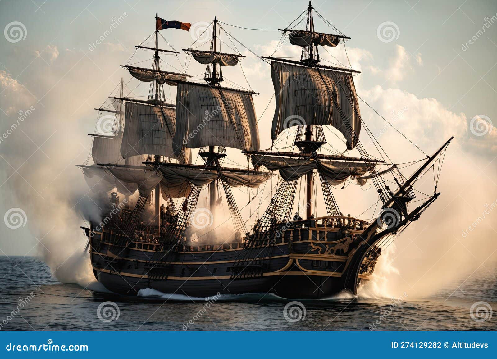 Wallpaper #5JxX4pIBZHQxiYari78Z14 Pirate Ship with Cannons Firing and Smoke Rising into the Air Stock