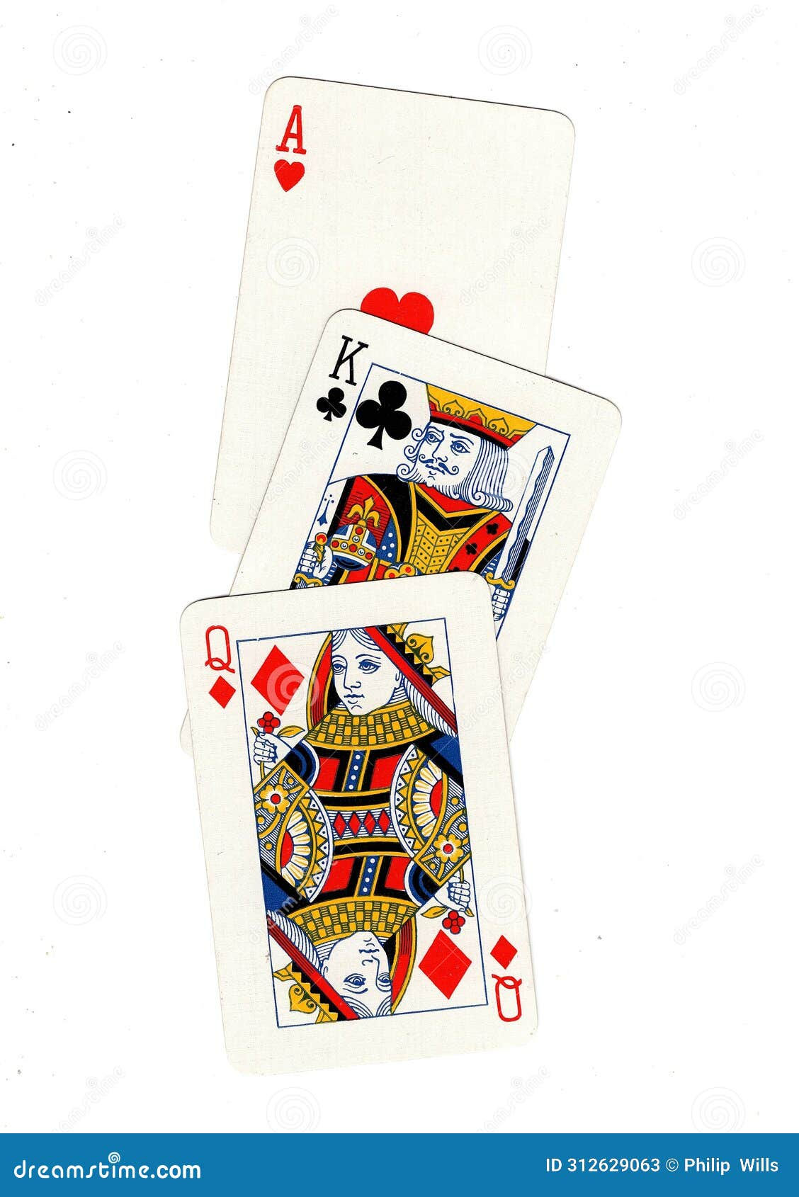 Wallpaper #n2fA7pIBSpphPi3-gV49135 Playing Cards Showing a Run of Queen King and Ace Stock Illustration