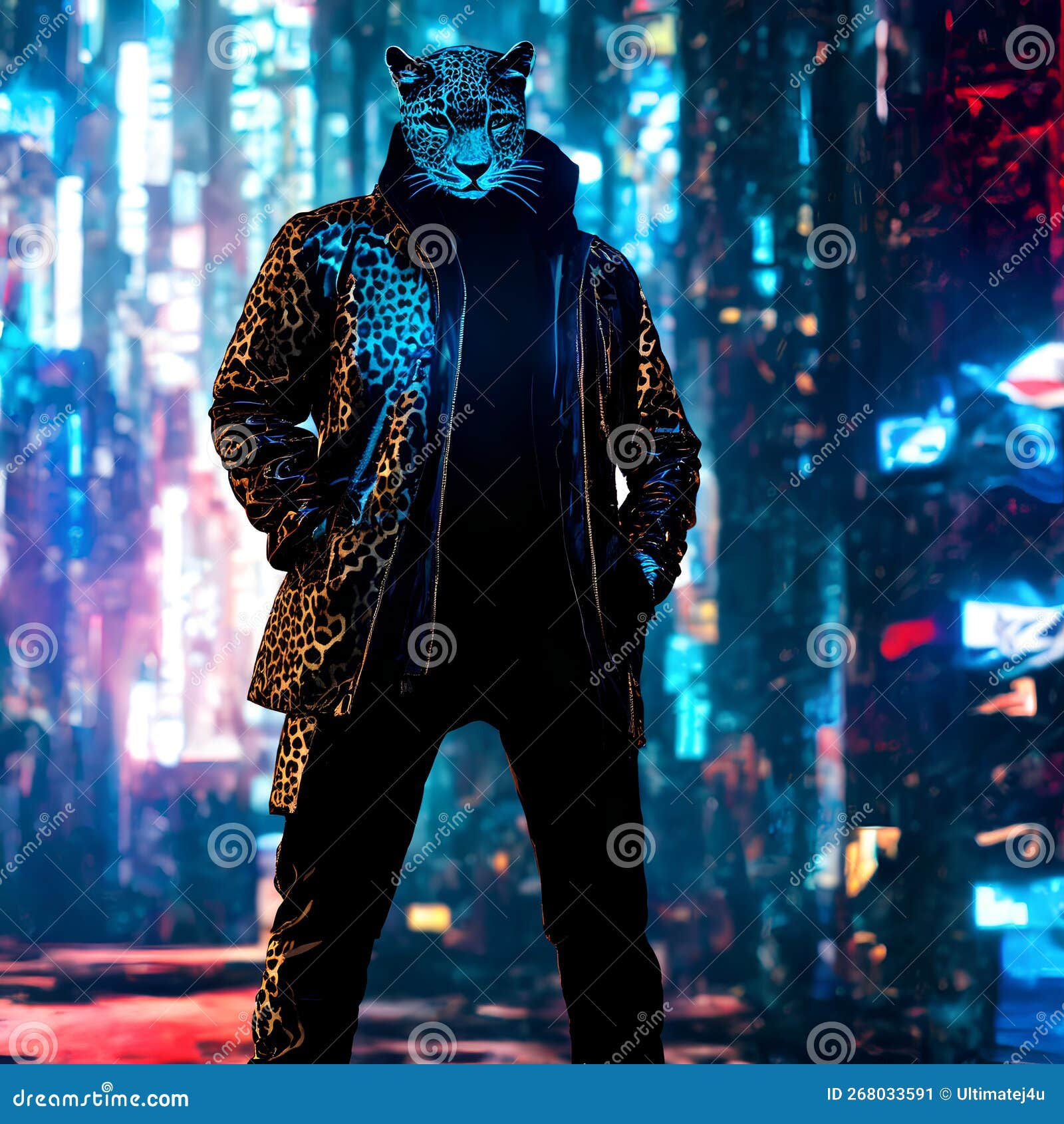 Wallpaper #Fe8FTZMBMN-XEVvVuT-n3 Neon Cyberpunk Ninja Black Hoodie Wearing Gold Geometric Lion in Jacket