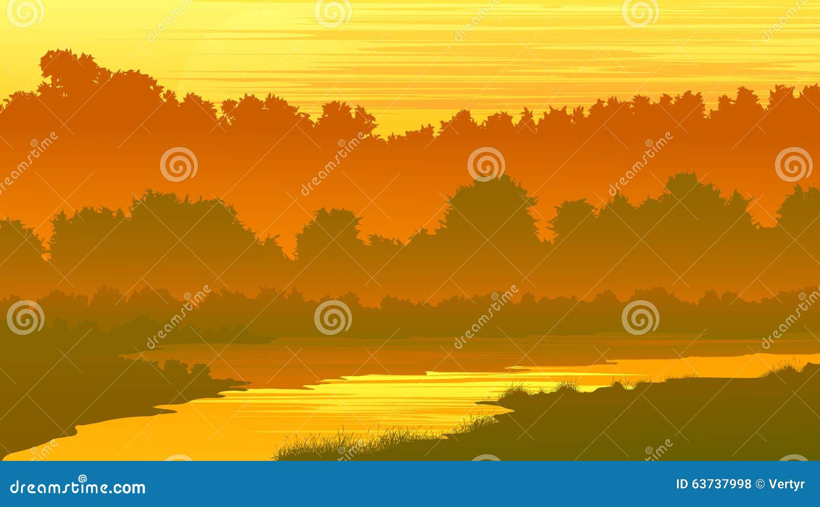 Wallpaper #gXfEJ5MB-pgBXx60hqcW179 Vector Illustration of Forest with a River at Sunset Stock Vector