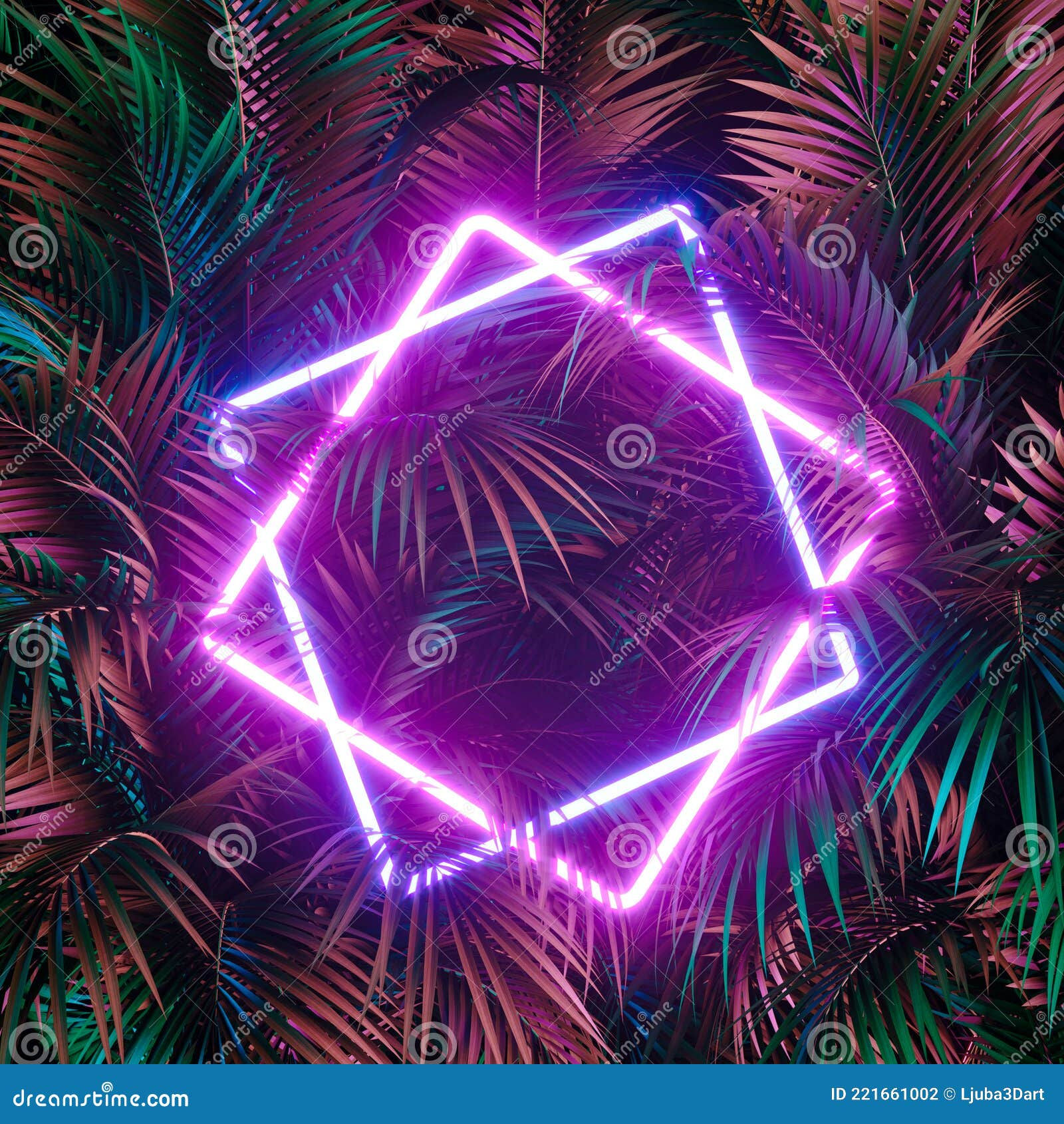 Wallpaper #aWjwE5MBSpphPi3-TAKb35 Jungle Creative Neon Light Cyber Frame on Fresh Palm Leaves with Copy