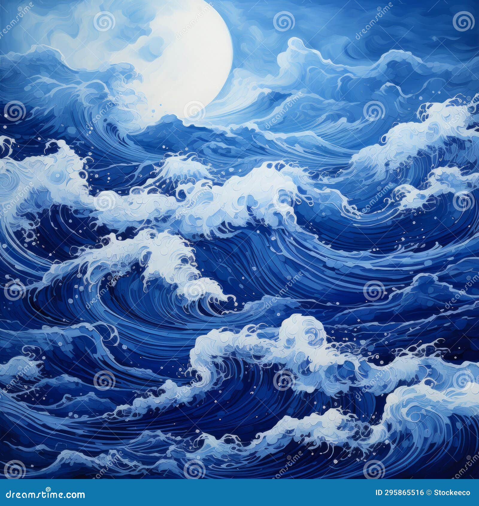 Wallpaper #bh3wLZMBlOZrFDOkqdKx243 Indigo Baroque Seascape Abstract Painting with Full Moon and Waves