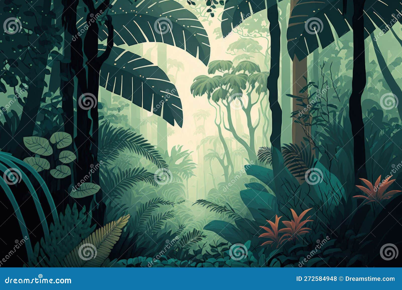 Wallpaper #lGcDC5MBSpphPi3-T9ct73 Illustration of Tropical Trees and Leaves in a Misty Forest Stock