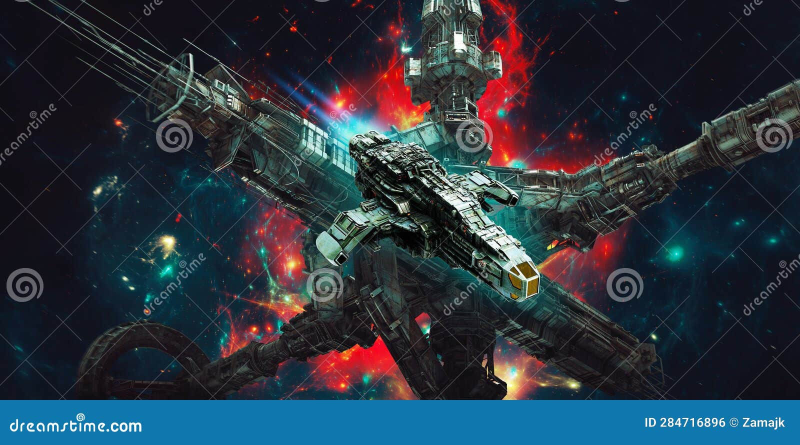 Wallpaper #8miAIJMBSpphPi3-mS3Z216 Scifi Spaceship Flying Past a Derelict Space Station in Colorful Nebula