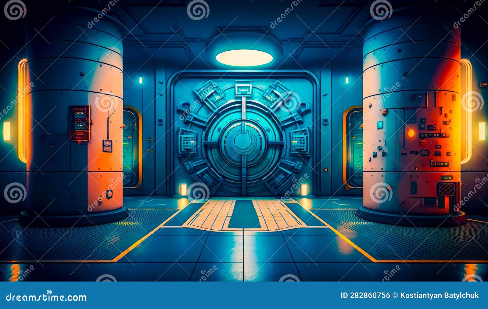 Wallpaper #JWeN-JIBSpphPi3-Nooi191 Sci Fi Room with Large Door and Some Lights in It Generative AI