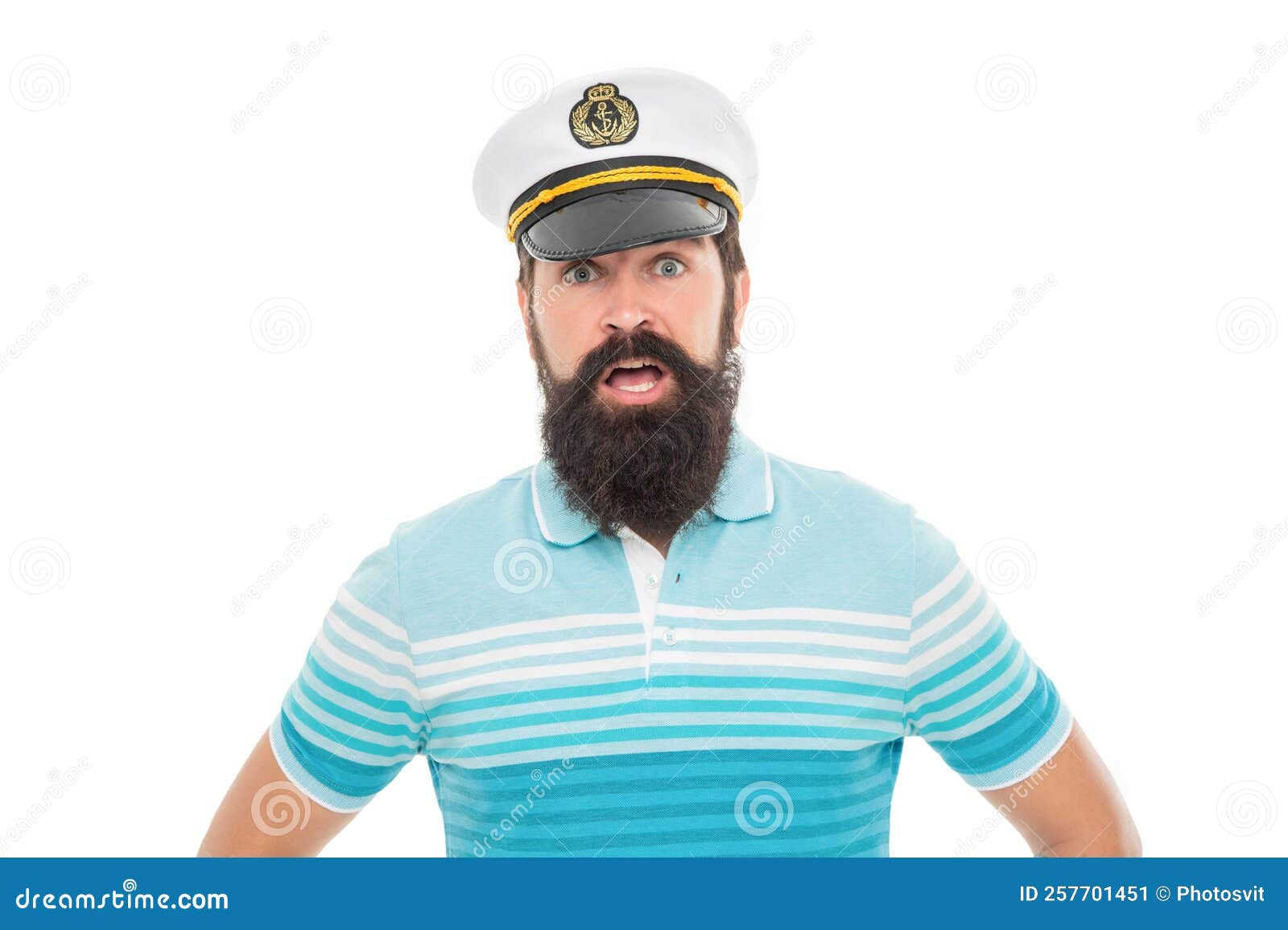 Wallpaper #0jEXNpMB5zzyi_yYPFik128 Surprised Man Portrait Bearded Man Wearing Captain Hat Stock Image