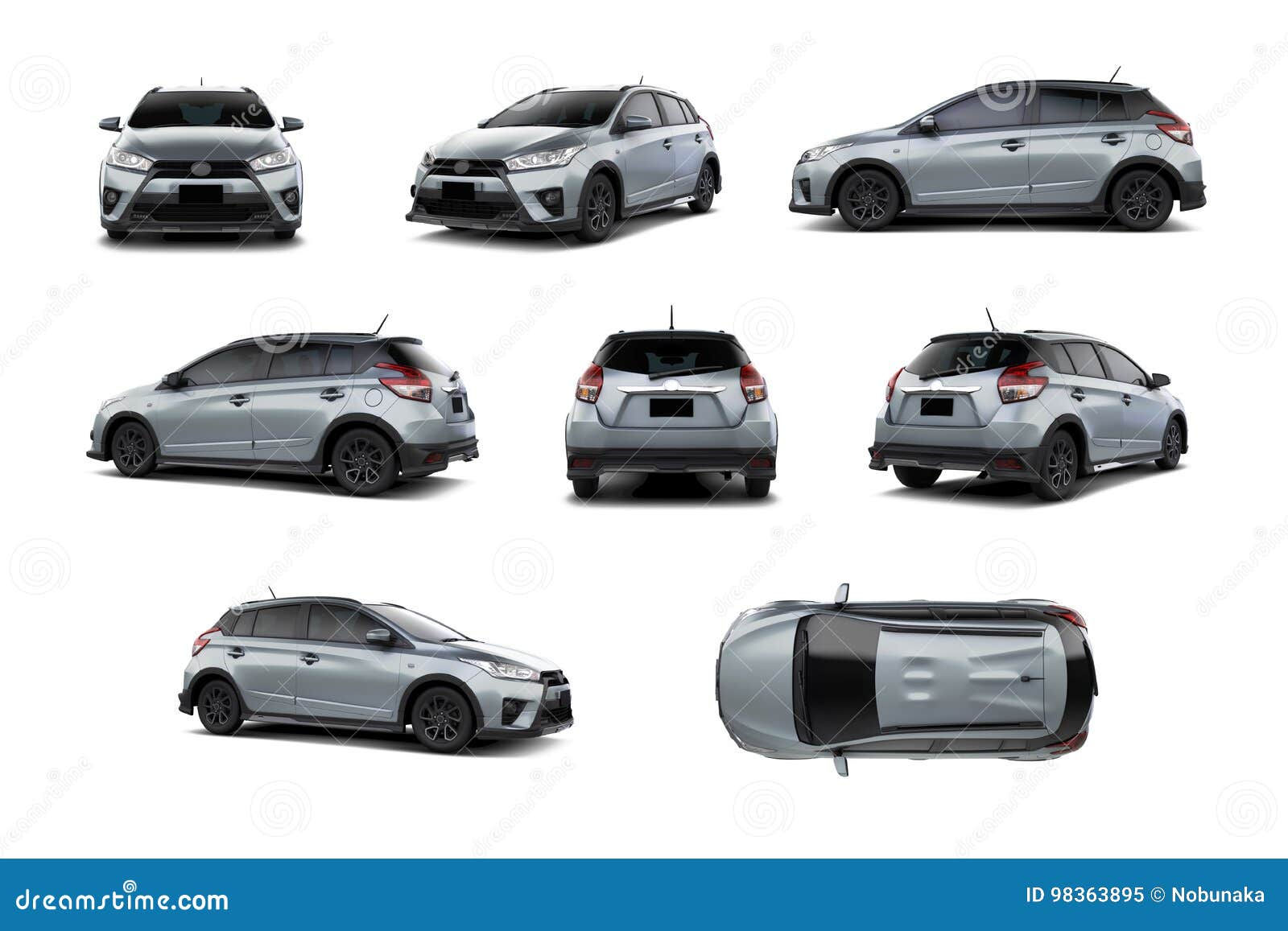 Wallpaper #GGen-ZIBSpphPi3--I45132 Silver Subcompact Car 5 Door Hatchback Variety of Angles Stock Image