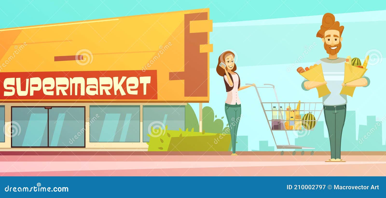 Wallpaper #XZ3oZJcBkAG5jTCHLrHO177 Supermarket Shopping Outdoor Retro Cartoon Poster Stock Vector