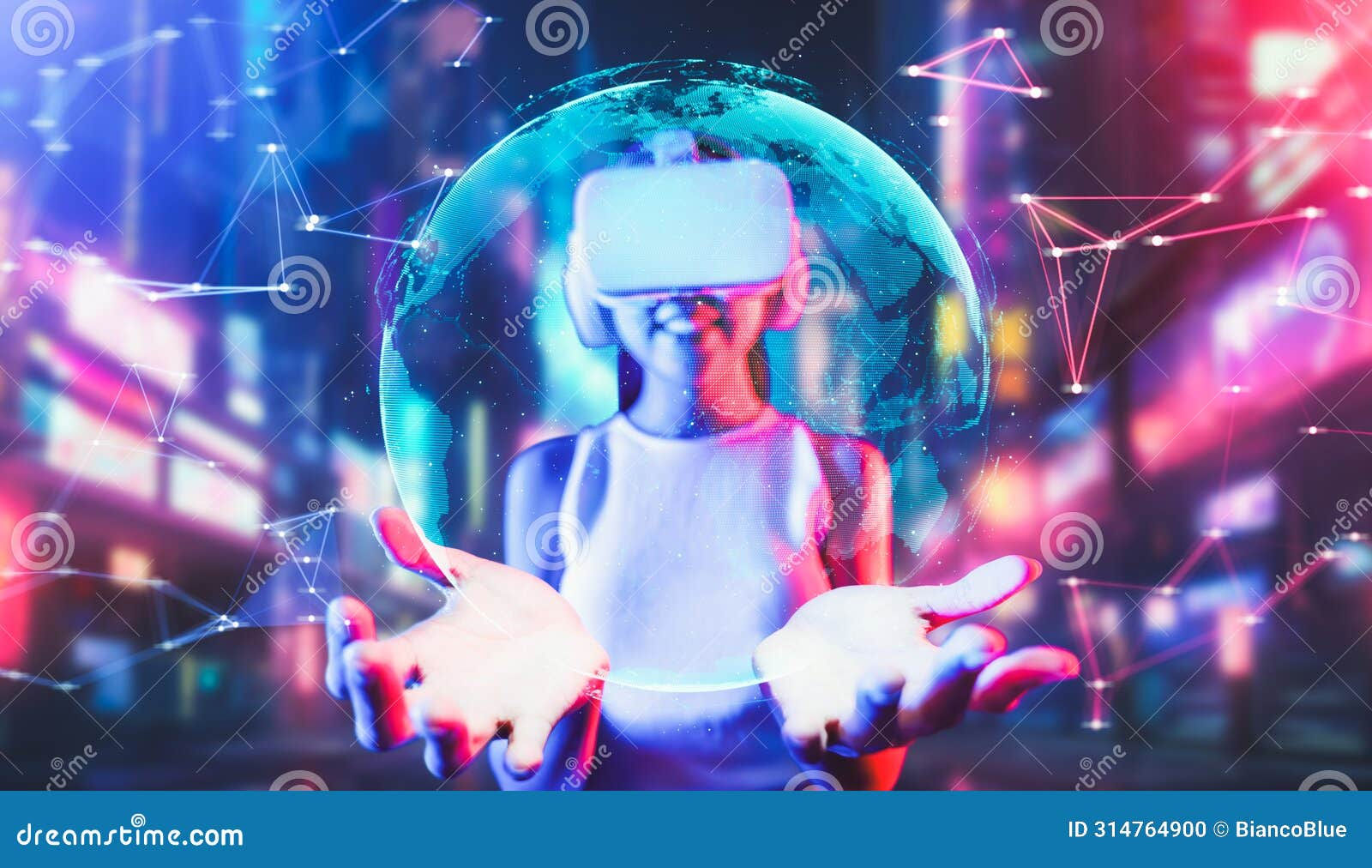 Wallpaper #mGcv8ZIBSpphPi3-O2pF300 Female Connecting Metaverse Seeing and Holding 3D Globe Hologram
