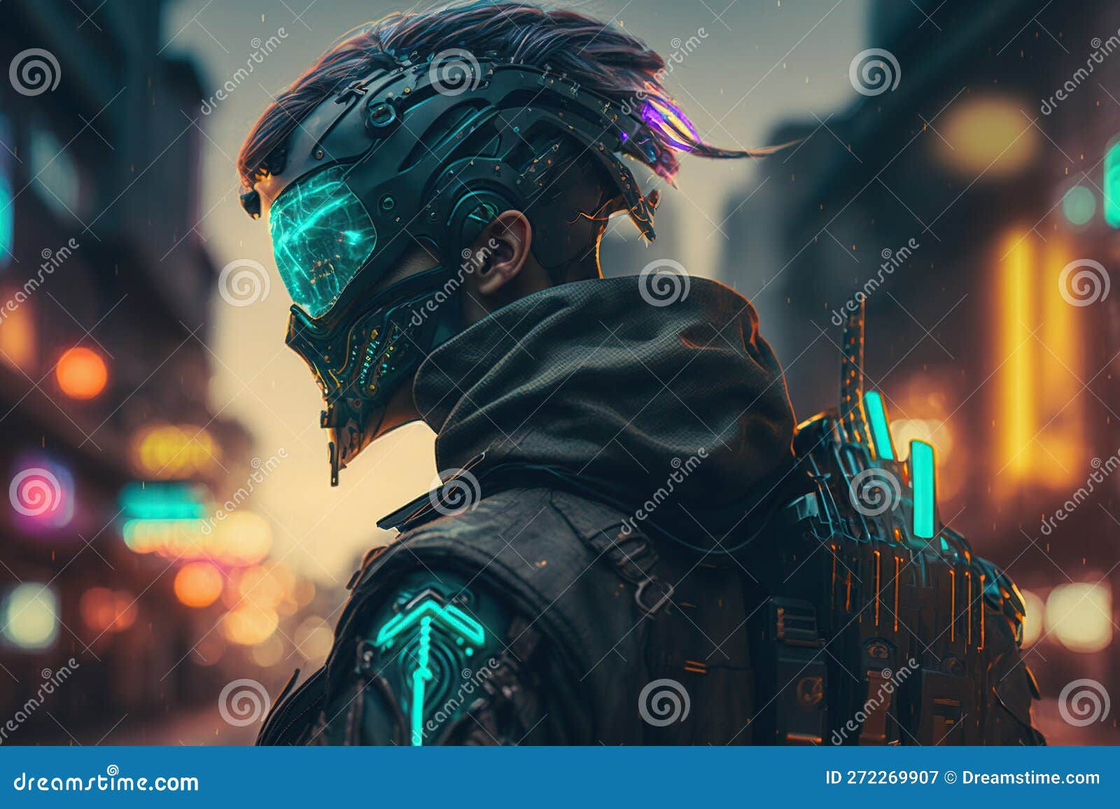 Wallpaper #3mhDIZMBSpphPi3-ky9u184 Soldier in Cyberpunk Style with Neon Color on the Back City Generative