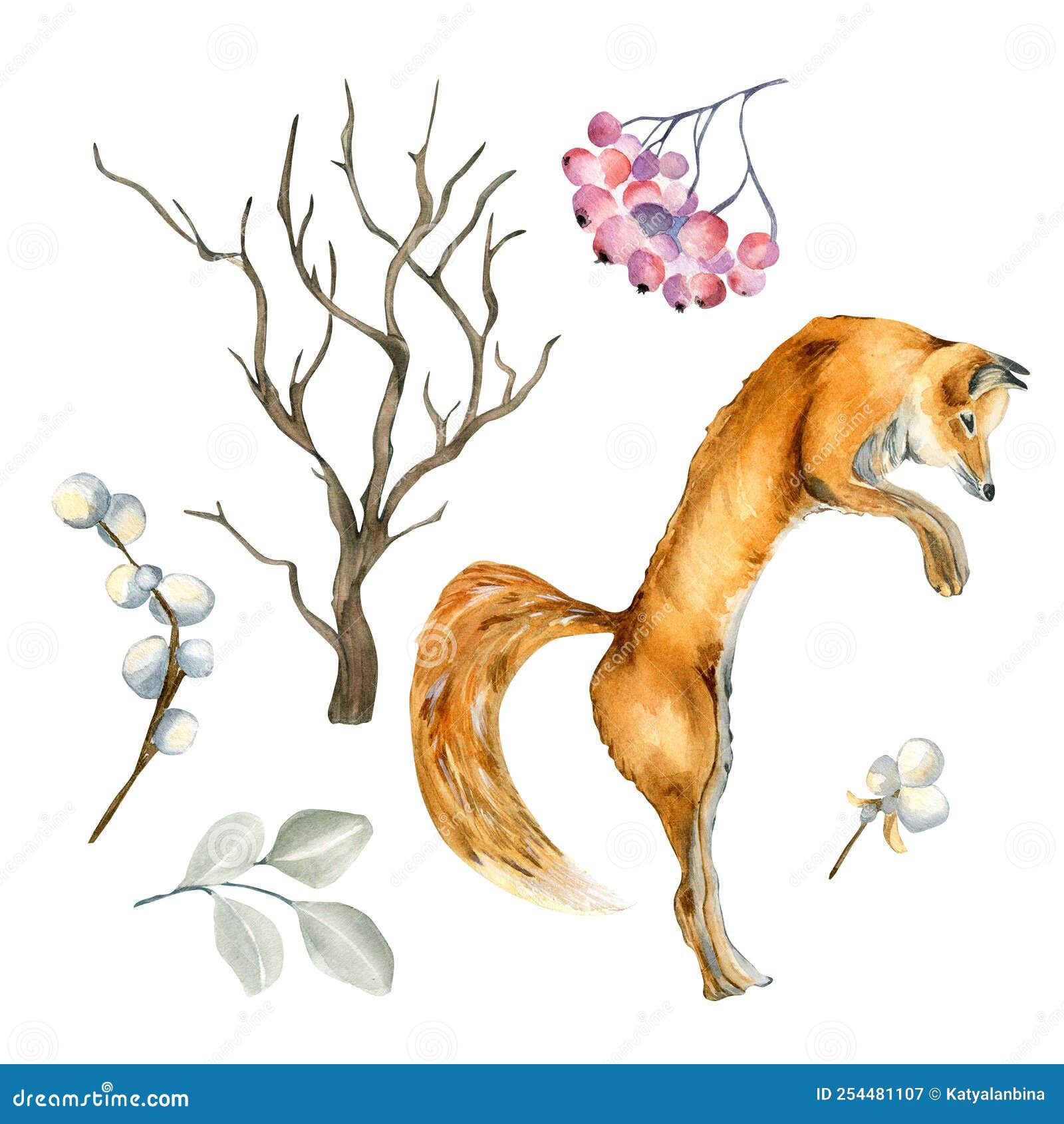 Wallpaper #lGcDC5MBSpphPi3-T9ct207 Set of Fox and Forest Plants Watercolor Illustration Isolated on White