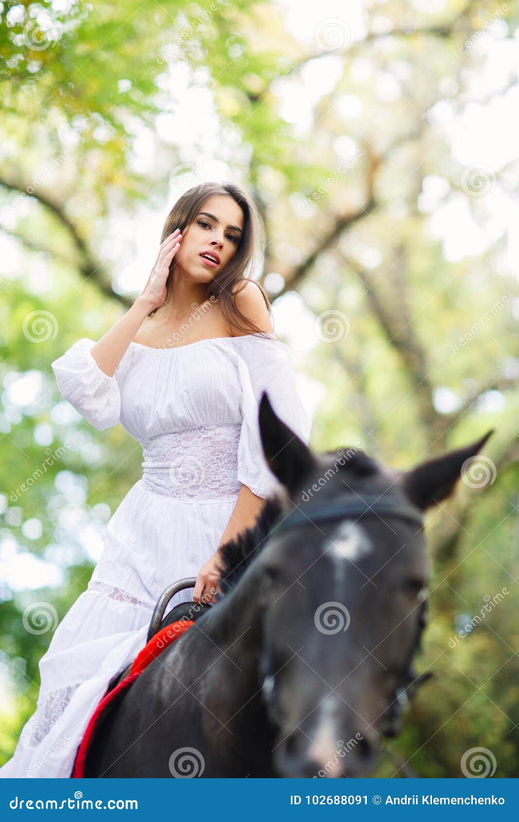Wallpaper #CR2YLJMBlOZrFDOk0ssm239 A Sweet Brunette Riding a Black Horse Outdoors Stock Image Image of