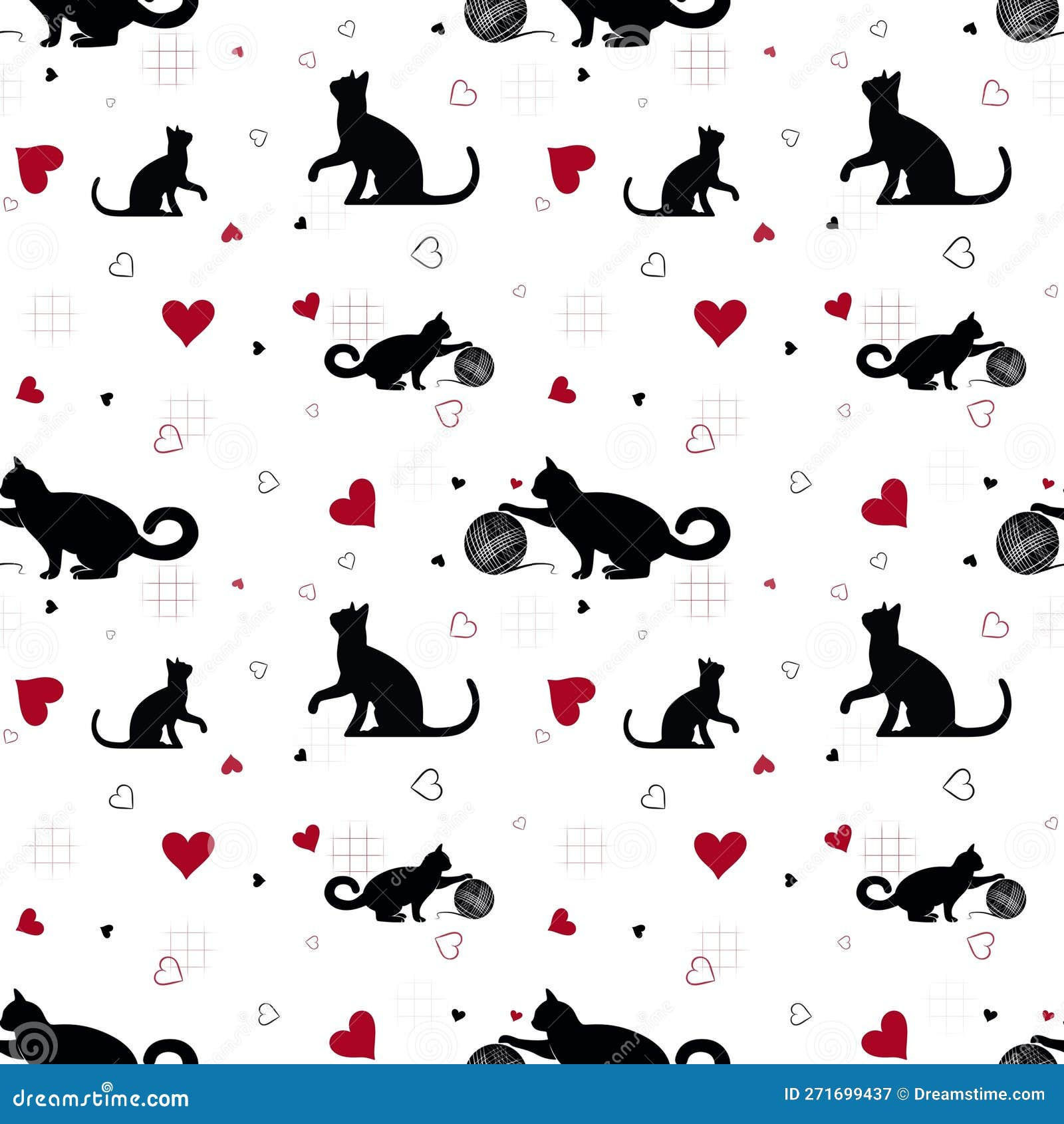 Wallpaper #tGeU55IBSpphPi3-kjik395 Seamless Pattern with Black Cats and Red Hearts on White Background