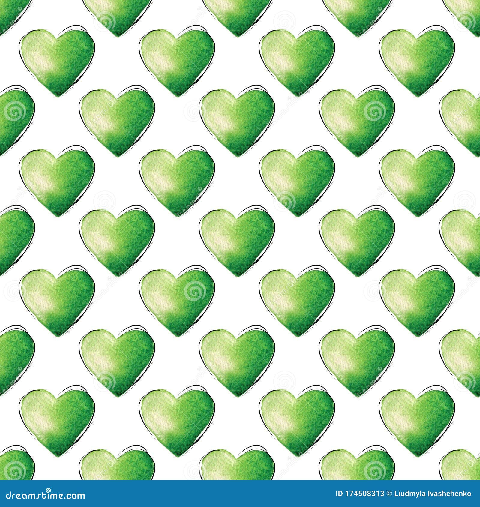 Wallpaper #Tmd395IBSpphPi3-tobx1 Seamless Pattern with Green Watercolor Hand Drawn Hearts on White