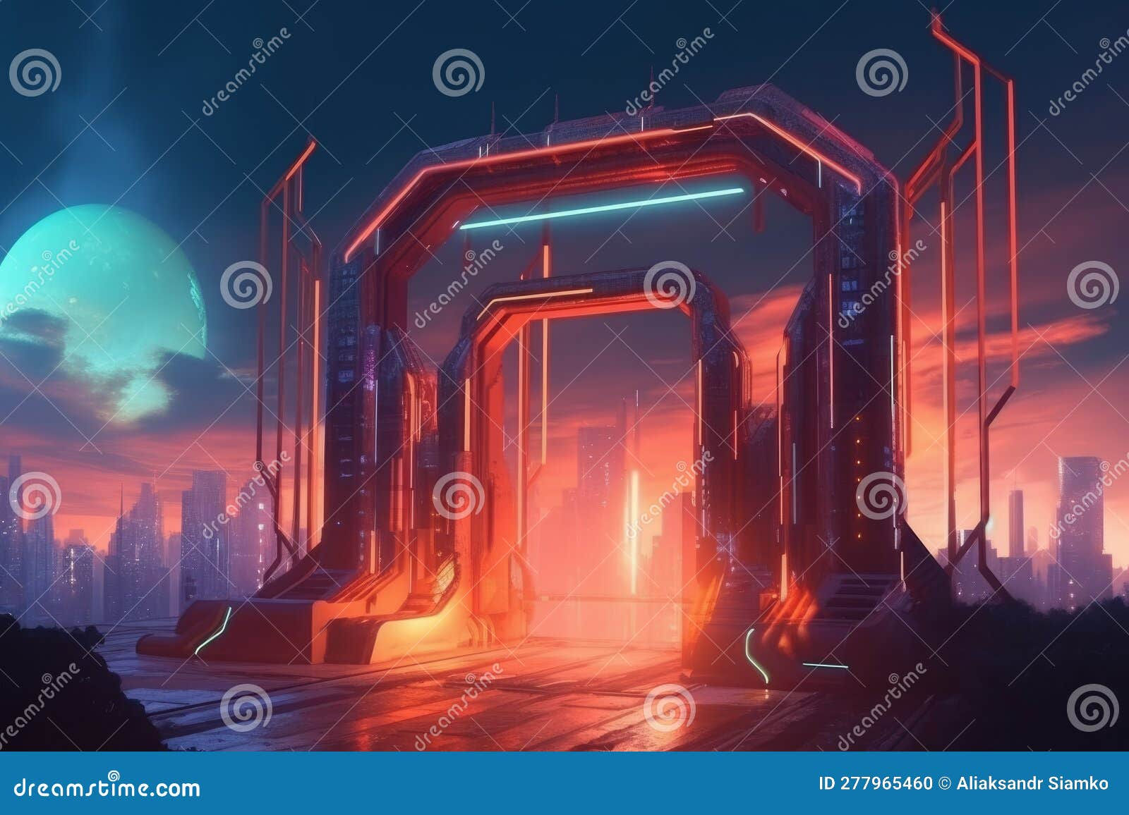 Wallpaper #NWegBpMBSpphPi3-J8JF28 Glowing Sci Fi Gate Leading to a Futuristic City in a 2d Illustration