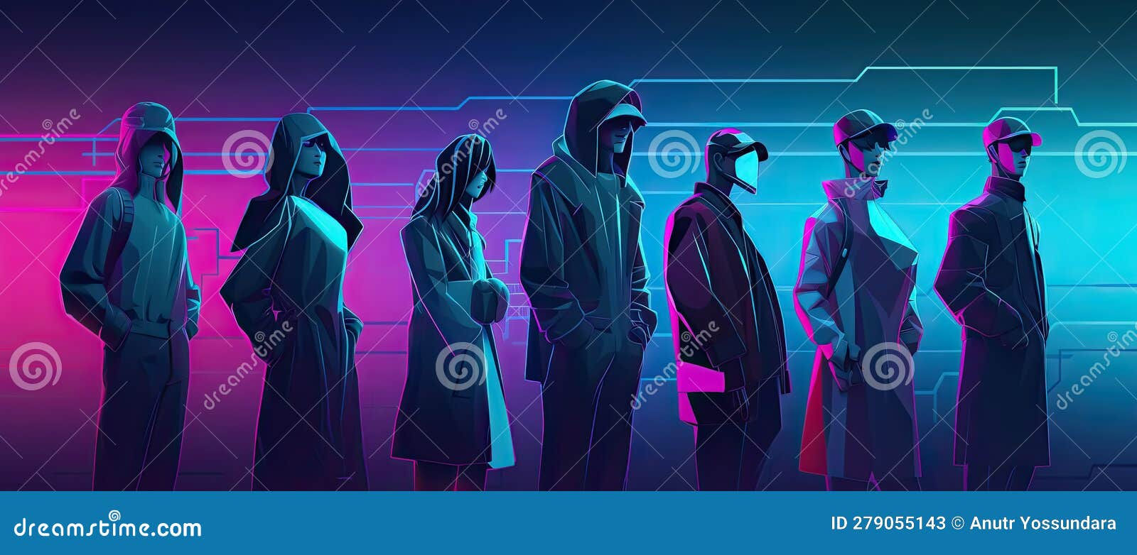 Wallpaper #aLgoTJIBJvJKYCmEu9Gz30 Group of Modern Cyberpunk People Banner in Purple and Teal Tone for