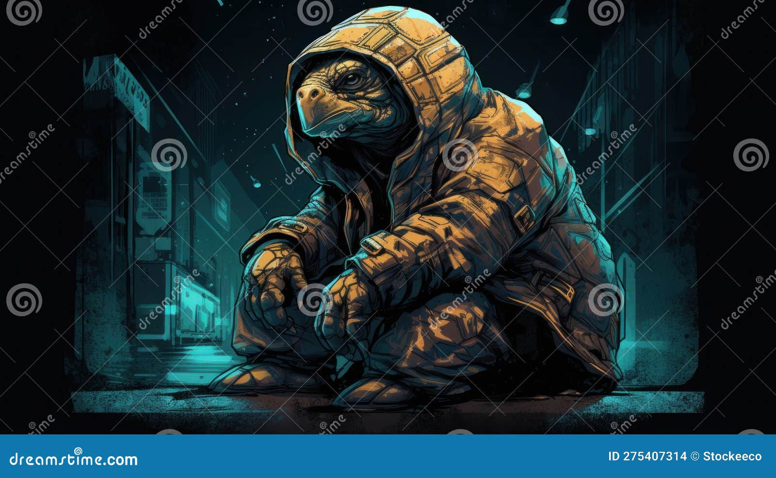 Wallpaper #KO9sS5MBMN-XEVvVwjtk8 Alone Dwarf Turtle Wearing a Hoodie in Cyberpunk Style Stock