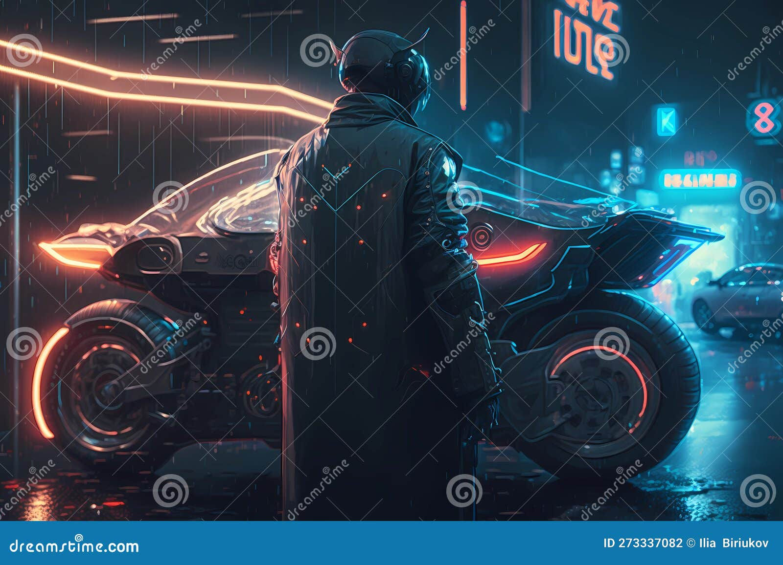 Wallpaper #MvQZOZMBKFX8bn3rFHbt94 Futuristic Motorcycle Cyberpunk Theme Biker Man in a Raincoat Near