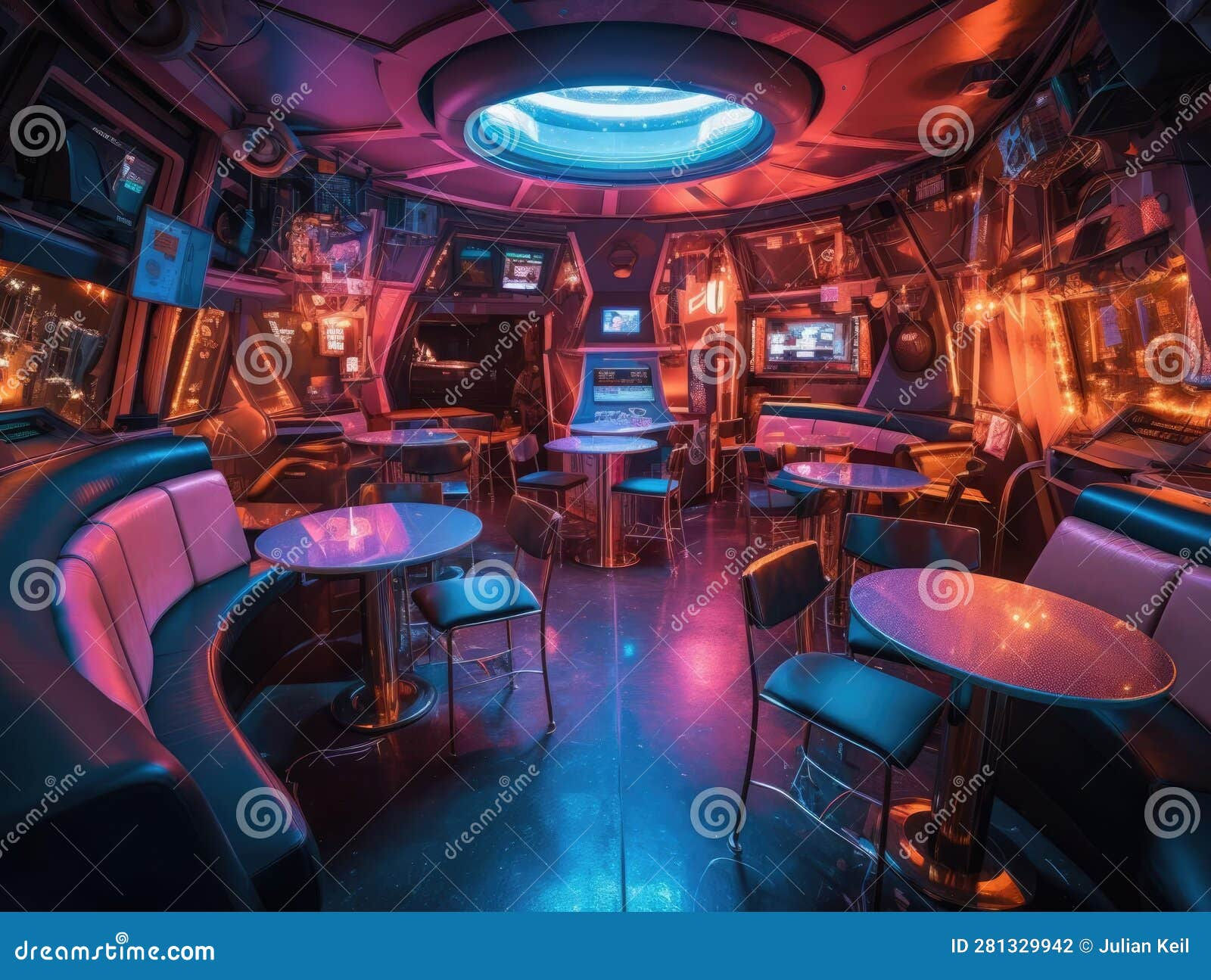 Wallpaper #G21pa5cBycdYOYFT53K325 Futuristic Cyberpunk Cafe Neon Decor Hightech Drinks Stock Illustration