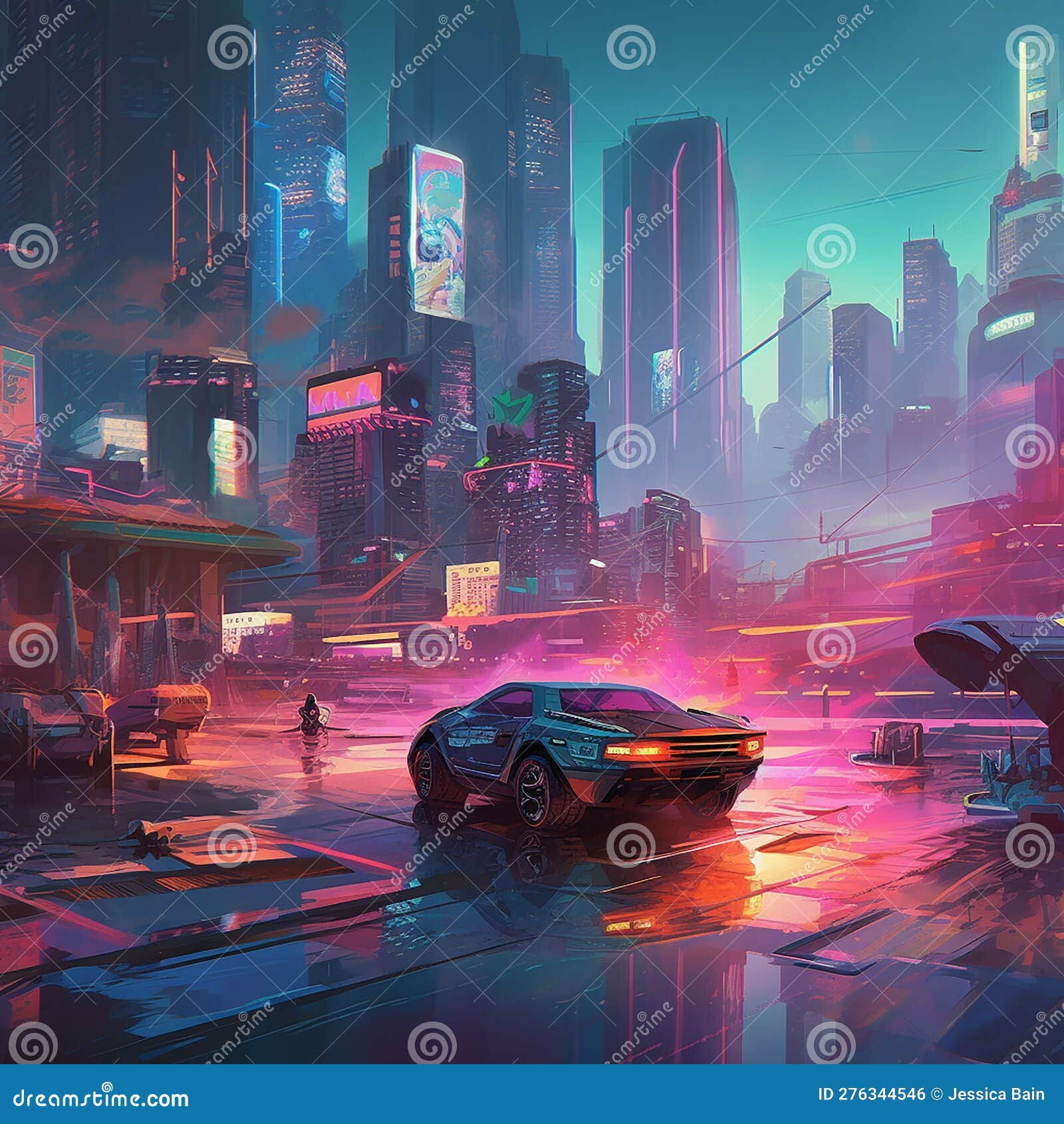 Wallpaper #yTMkM5MBcgDP3FvJMqlR203 Vaporwave Futuristic Cityscape with Car AI Generated Stock