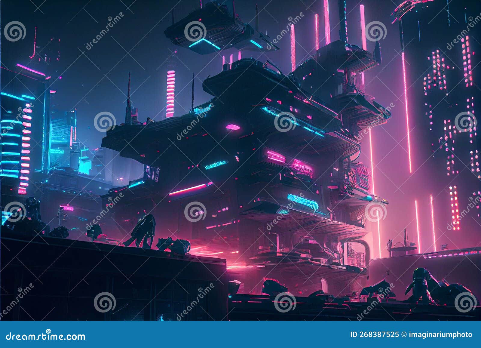 Wallpaper #v5yx4ZIBZHQxiYar0bzY297 Futuristic Cyberpunk City at Night with Blue and Pink Neon Illumination