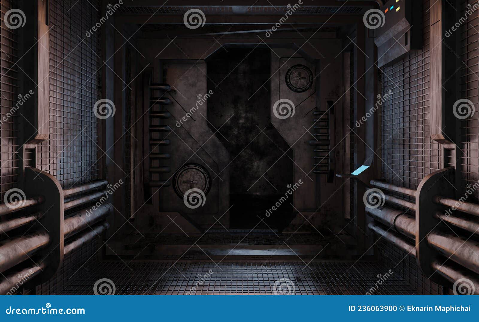 Wallpaper #NWegBpMBSpphPi3-J8JF83 Front View Sci Fi Gate Corridor in Dark Scene Stock Illustration