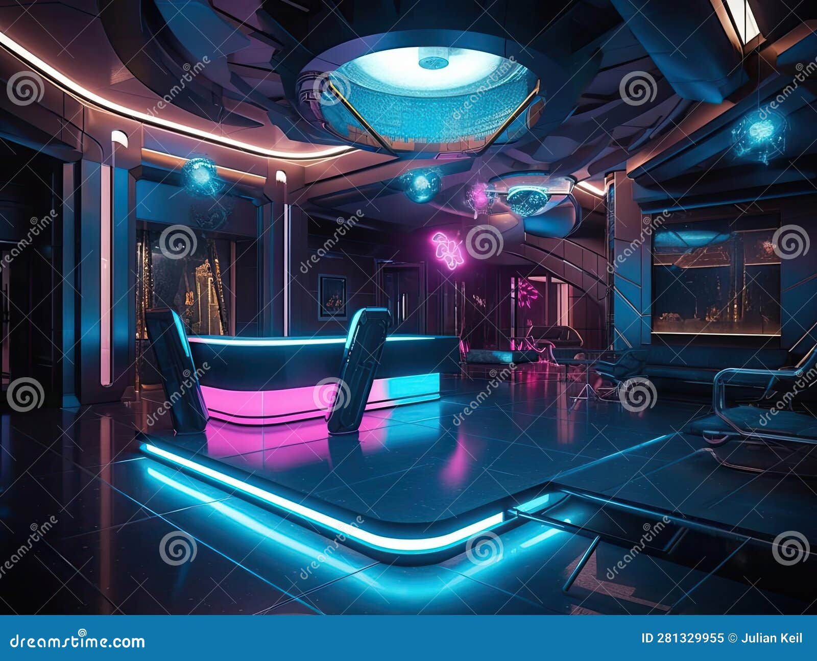 Wallpaper #ZK7JM5MBayWjSq6HCRyL8 Future Cyberpunk Hotel Lobby with Robotic Receptionists Stock