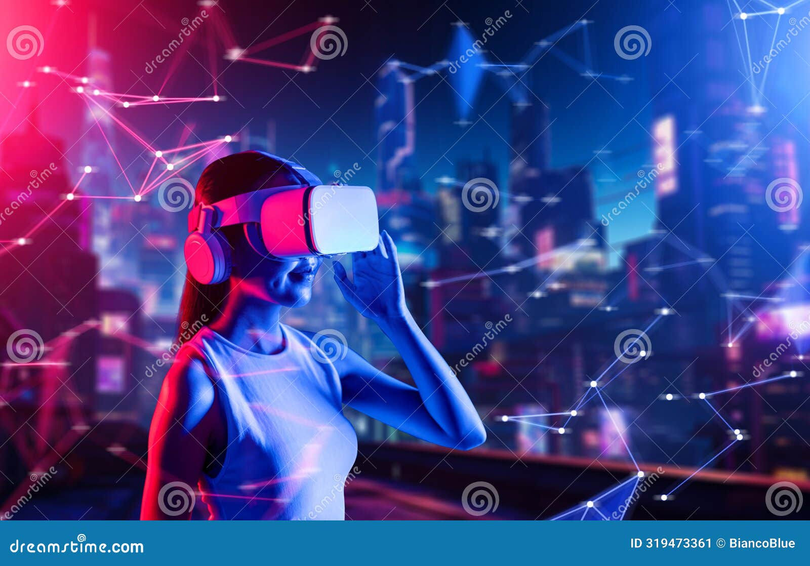 Wallpaper #mGcv8ZIBSpphPi3-O2pF302 Female in Metaverse Raise Right Hand Hold Goggles Look Faraway