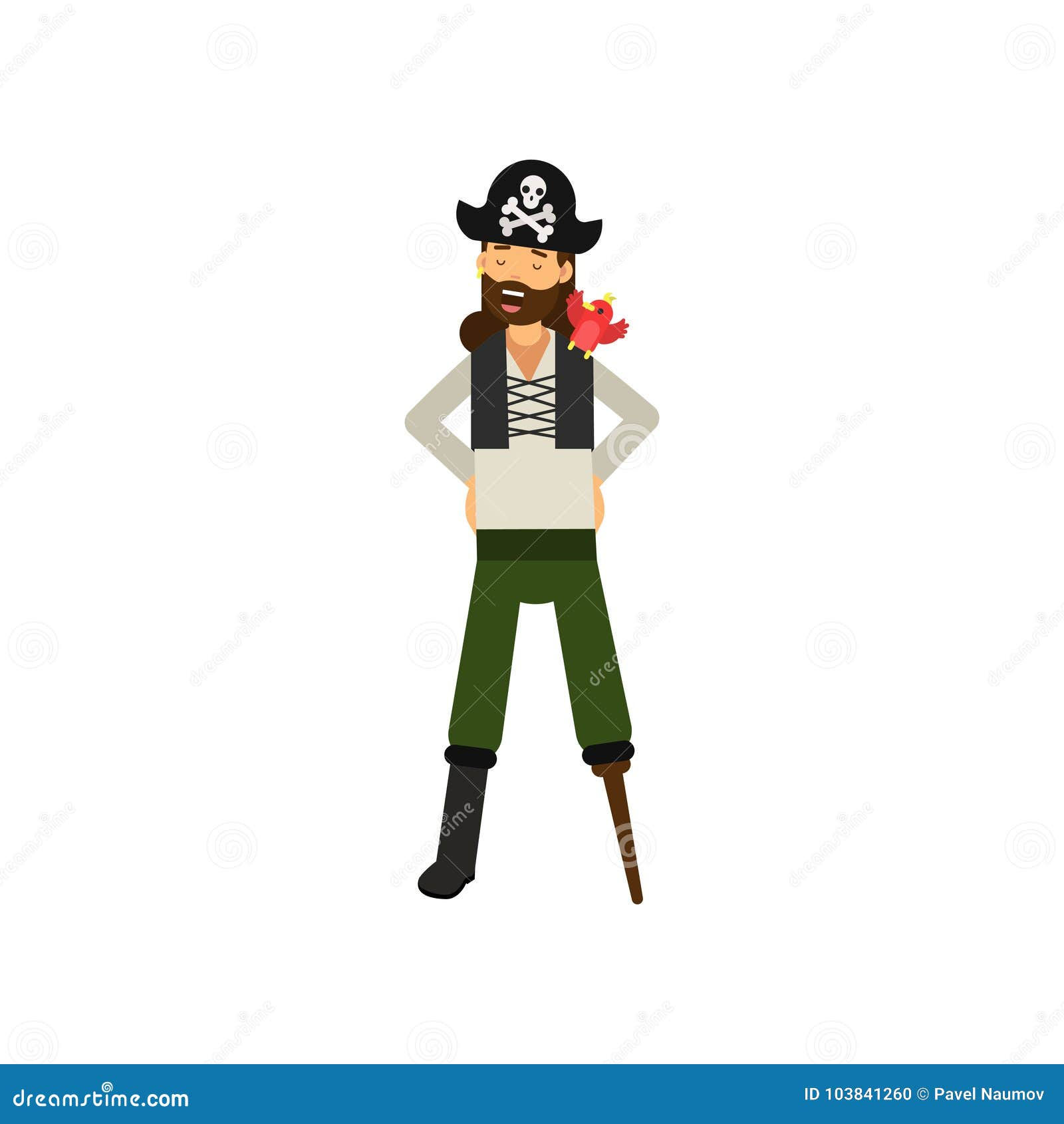 Wallpaper #0jEXNpMB5zzyi_yYPFik70 Flat Cartoon Character of Cheerful Bearded Pirate Captain with Wooden