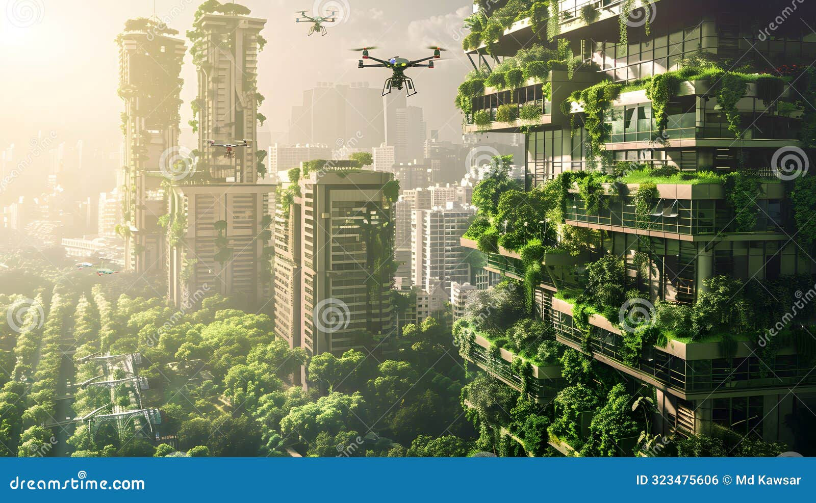 Wallpaper #phoQUpMB1yWOL4qgsYK1100 Futuristic City with Vertical Gardens and Hovering Drones Stock
