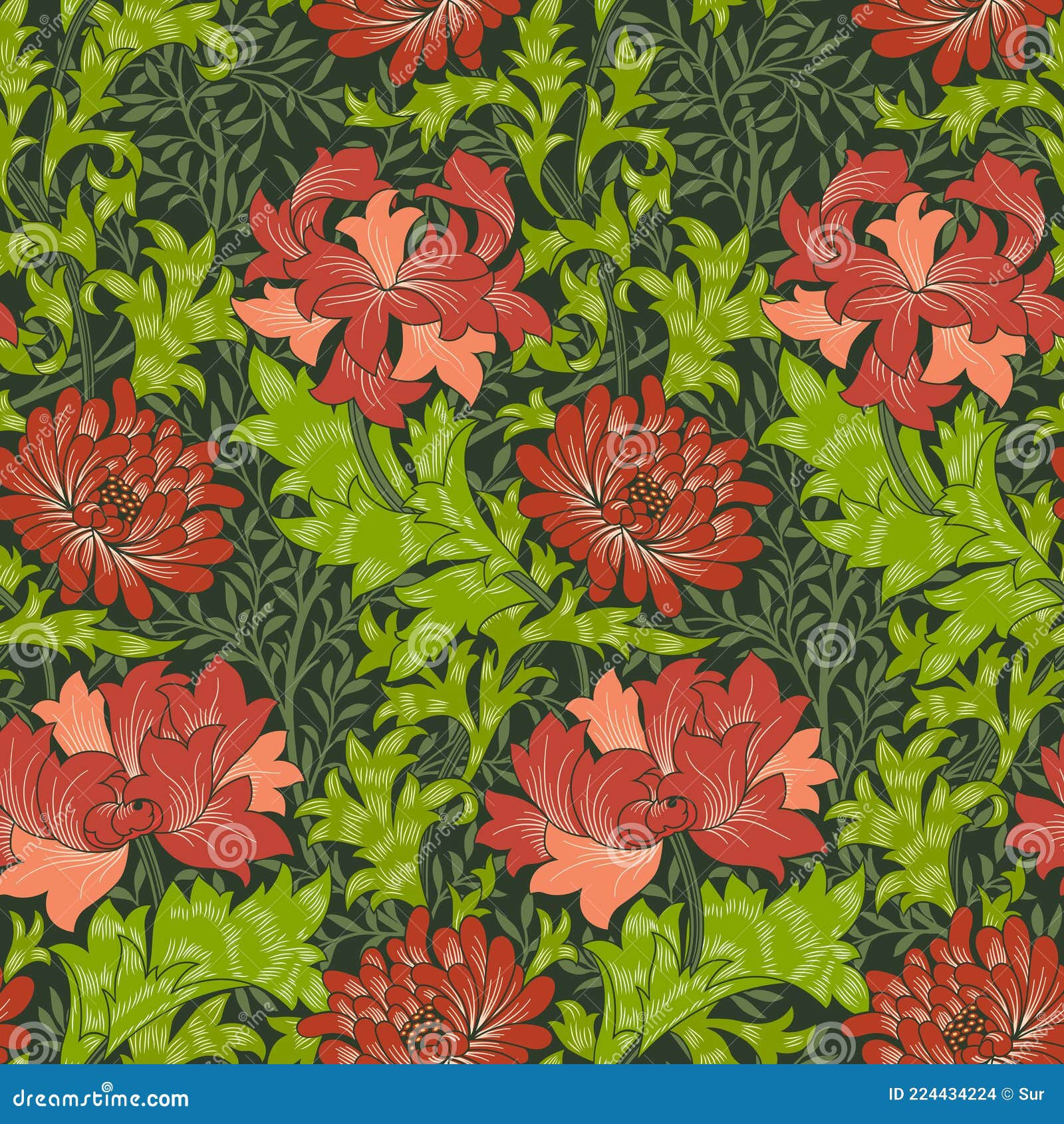 Wallpaper #vzMjM5MBcgDP3FvJIKmd195 Floral Seamless Pattern with Big Red Flowers on Dark Green Foliage