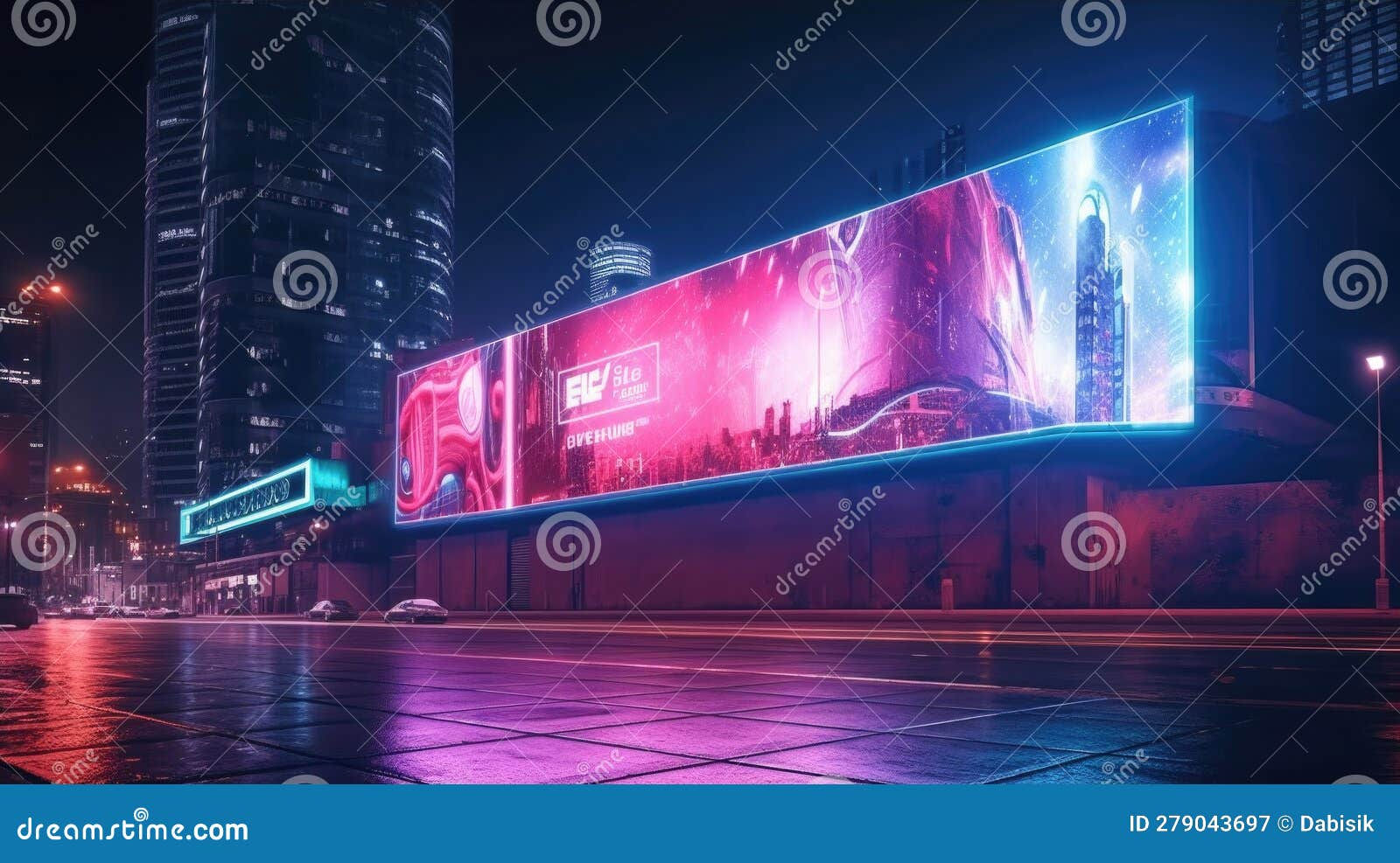 Wallpaper #Y-pfV5MBlwTYPL18OhG2264 Futuristic Neon City with Billboard at Street Generative AI Stock