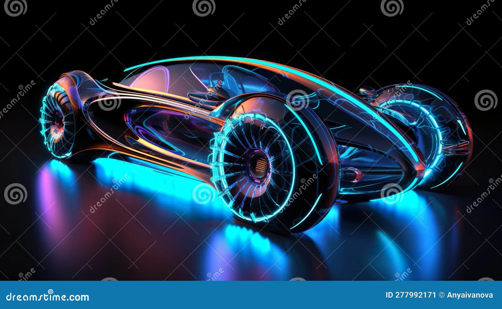 Wallpaper #aPRJOpMBKFX8bn3r73jg185 A Futuristic Car with Glowing Wheels on a Black Surface Generative AI