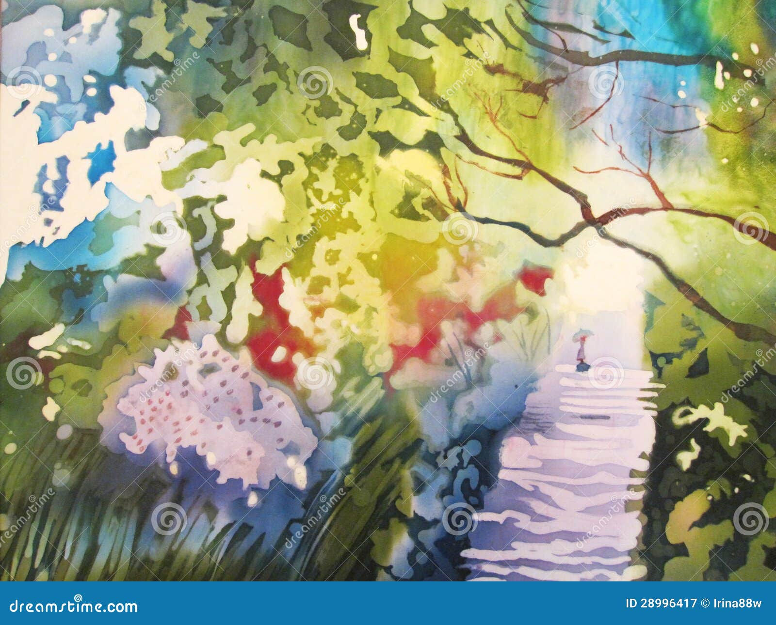 Wallpaper #d2c4EZMBSpphPi3-OPZ1204 Forest Painting Abstract with Trail and Person Stock Illustration