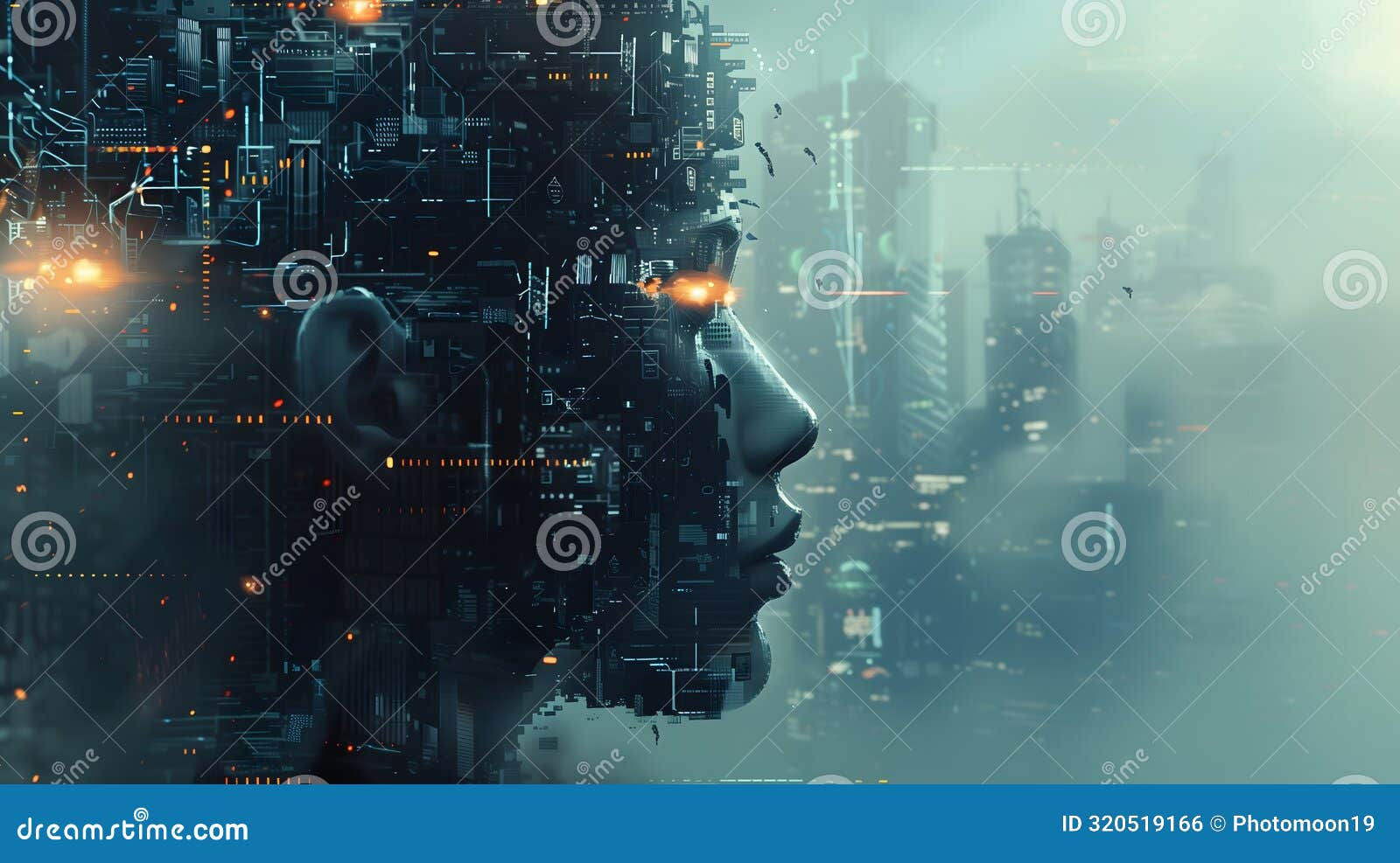 Wallpaper #tCwxSpMB0E1QgA7wY_W691 Future and Dystopia a Cyberpunk Cityscape with a Digital Face Profile