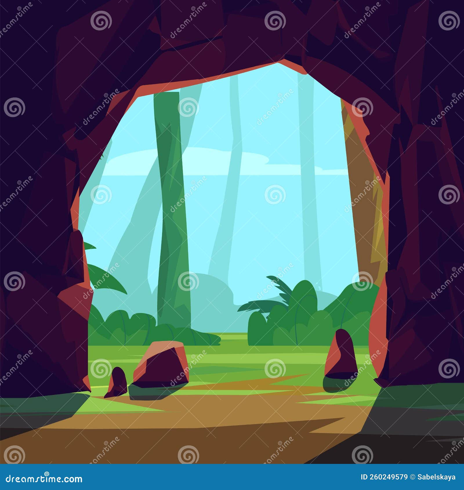 Wallpaper #lGcDC5MBSpphPi3-T9ct366 Forest Landscape View from Rocky Cave Flat Vector Illustration