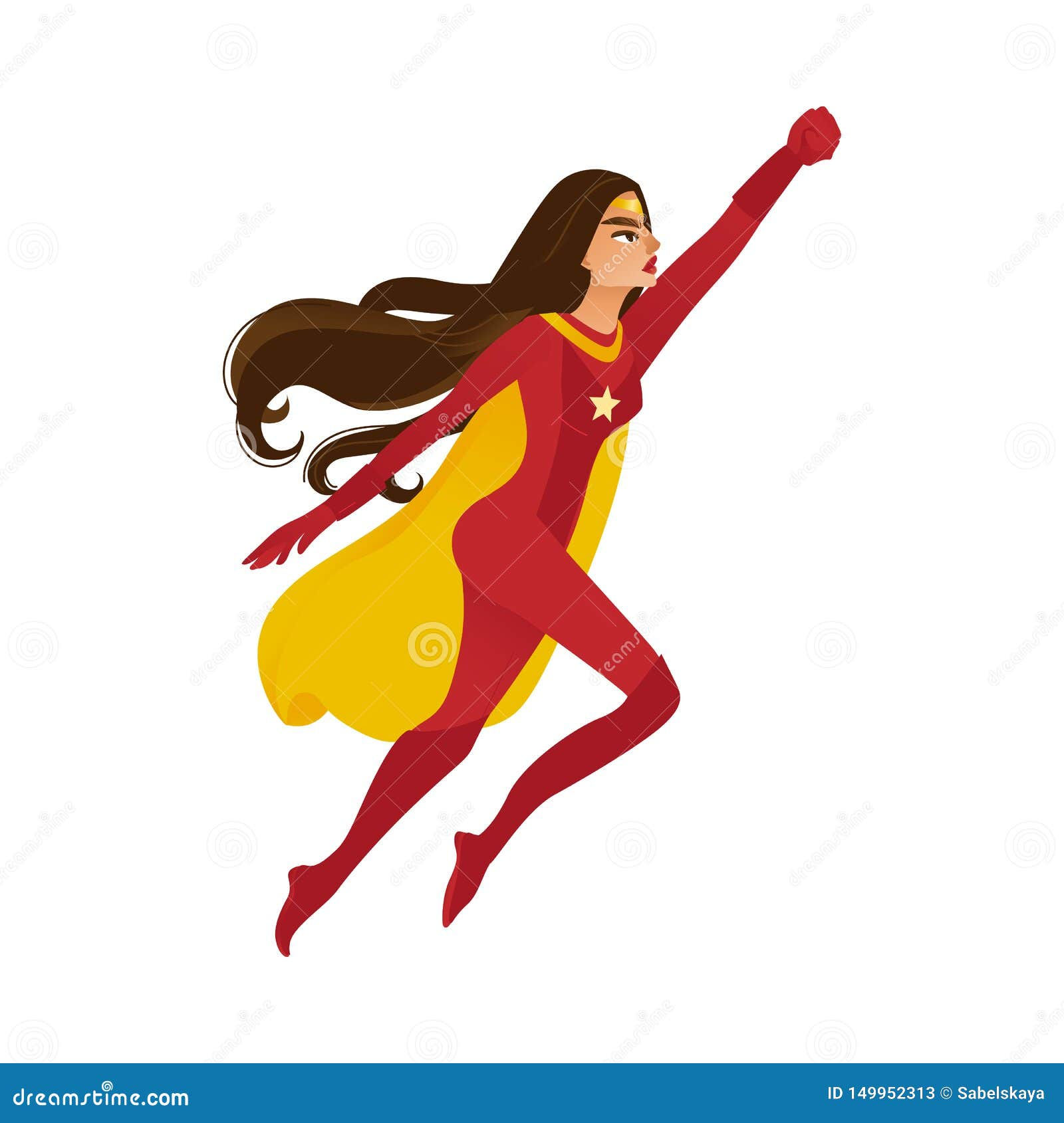 Wallpaper #YWfCDJMBSpphPi3-L-BK318 Female Superhero in a Red Costume and a Yellow Cape Flies Stock Vector