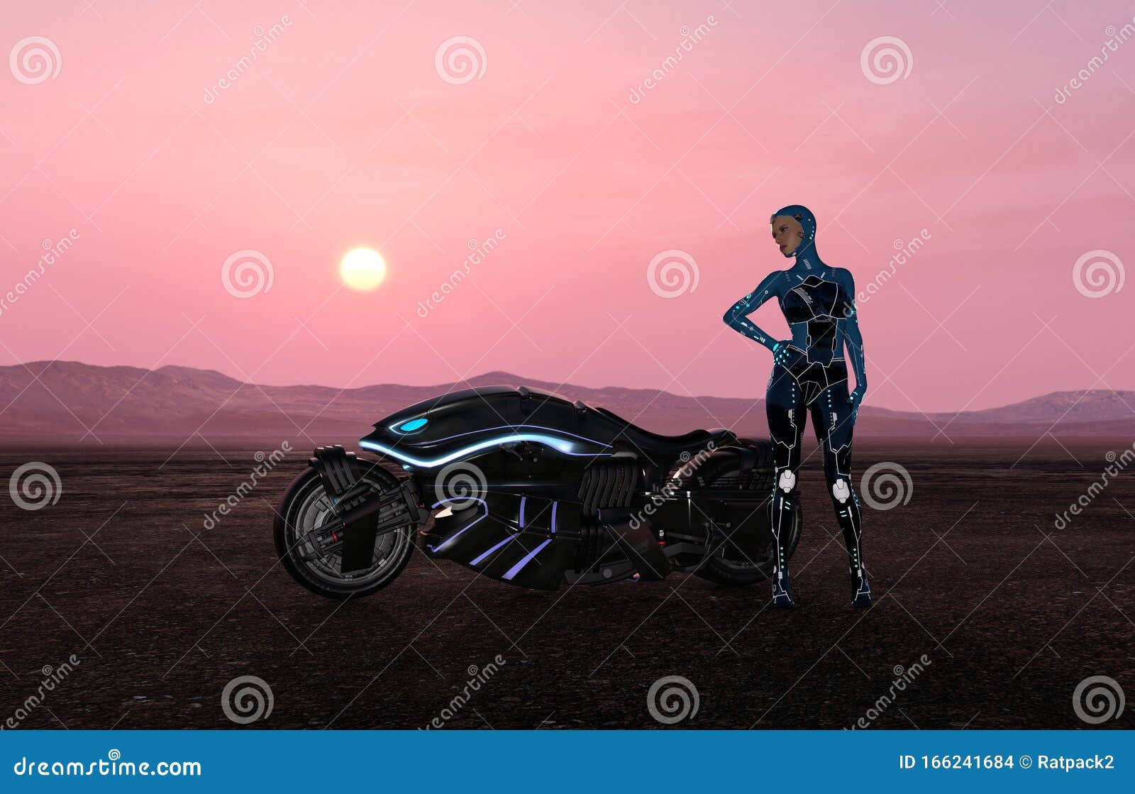 Wallpaper #WkD9LpMBJhL2WPbal7s-249 Futuristic Sci Fi Biker Girl with Motorcycle in the Desert Stock