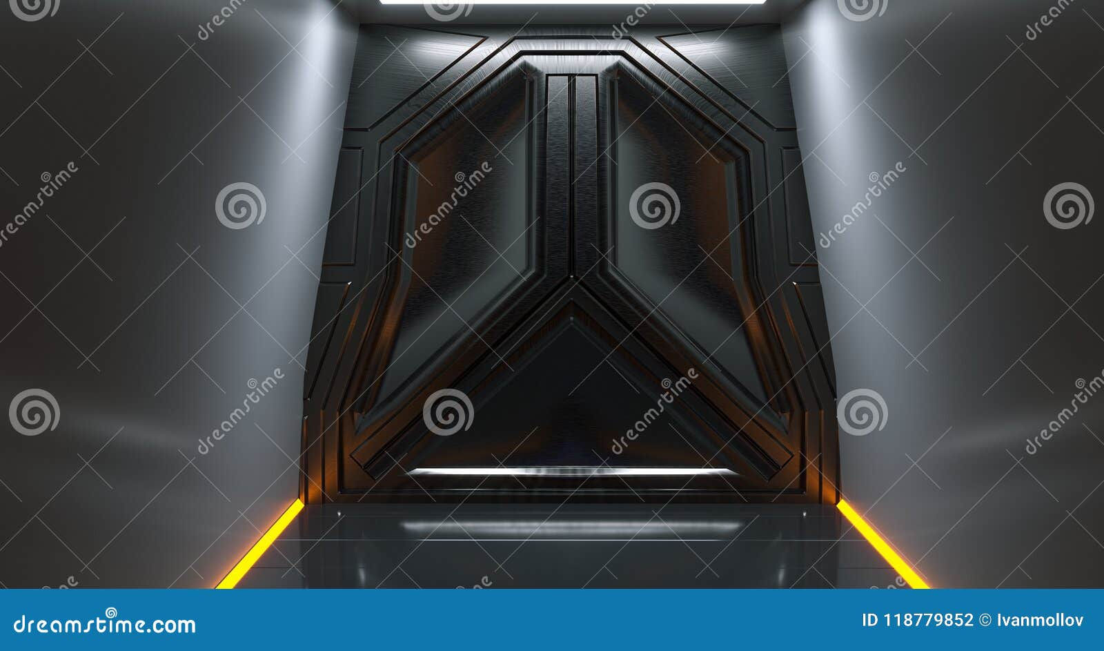 Wallpaper #NWegBpMBSpphPi3-J8JF33 Futuristic Sci Fi Metal Spaceship Gate in Dark Tunnel with Abstr Stock