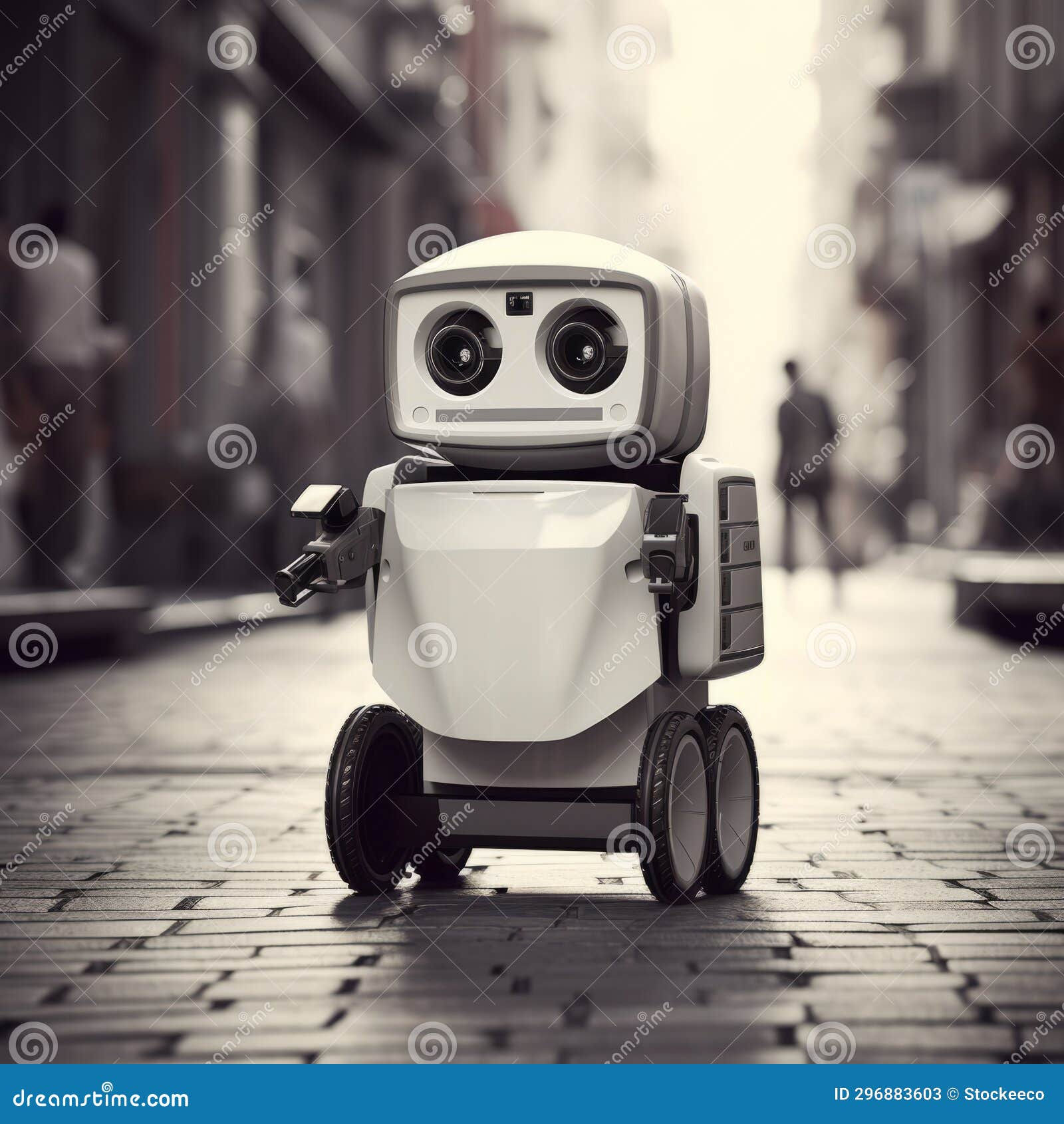 Wallpaper #q8kYjZcB-VVLIetlw2nT32 Lively Street Scene Robot Walking with Blank Sign Stock Illustration