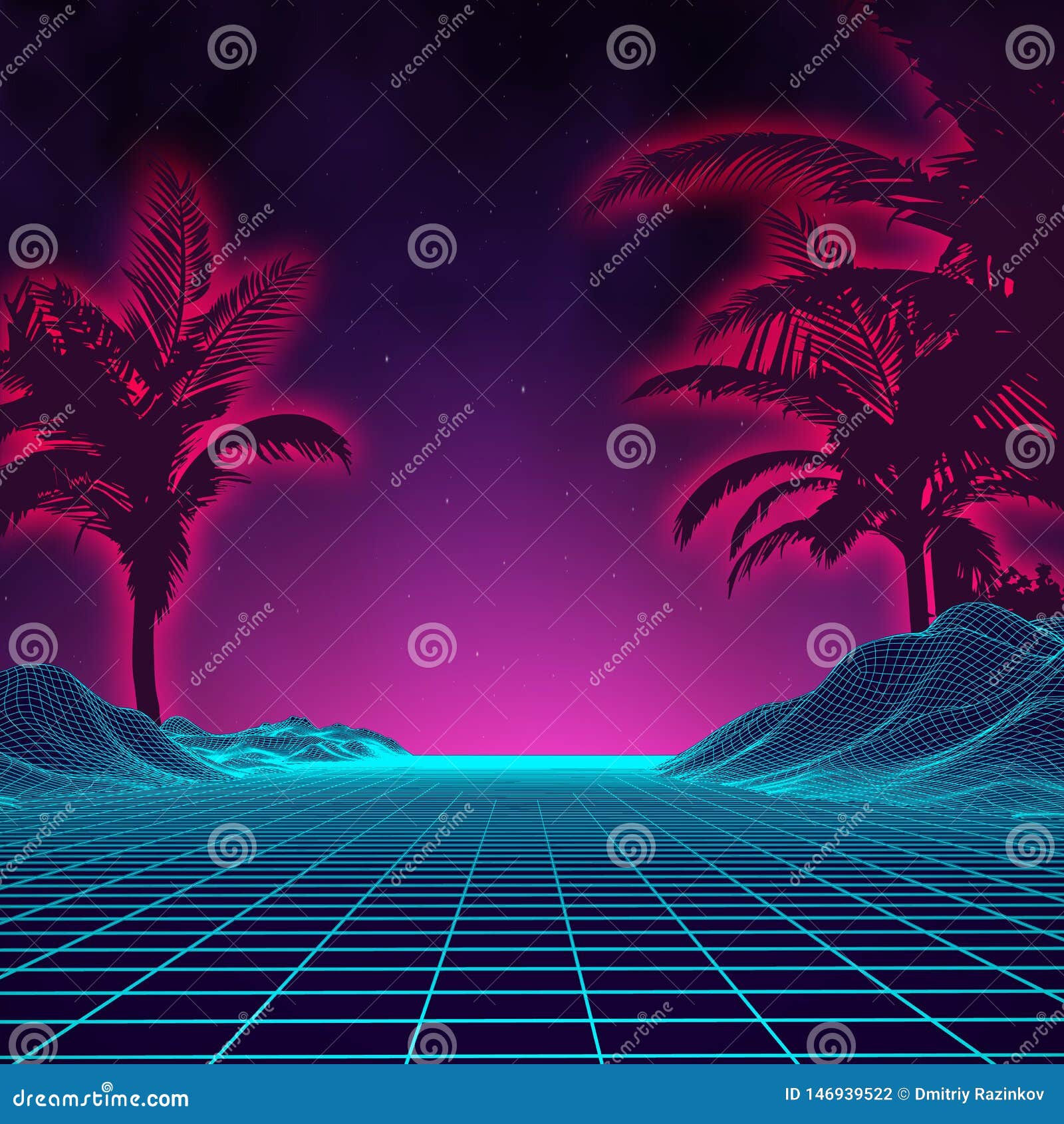 Wallpaper #aWjwE5MBSpphPi3-TAKb88 Retro Background Futuristic Landscape with Palm Tree Silhouette 1980s