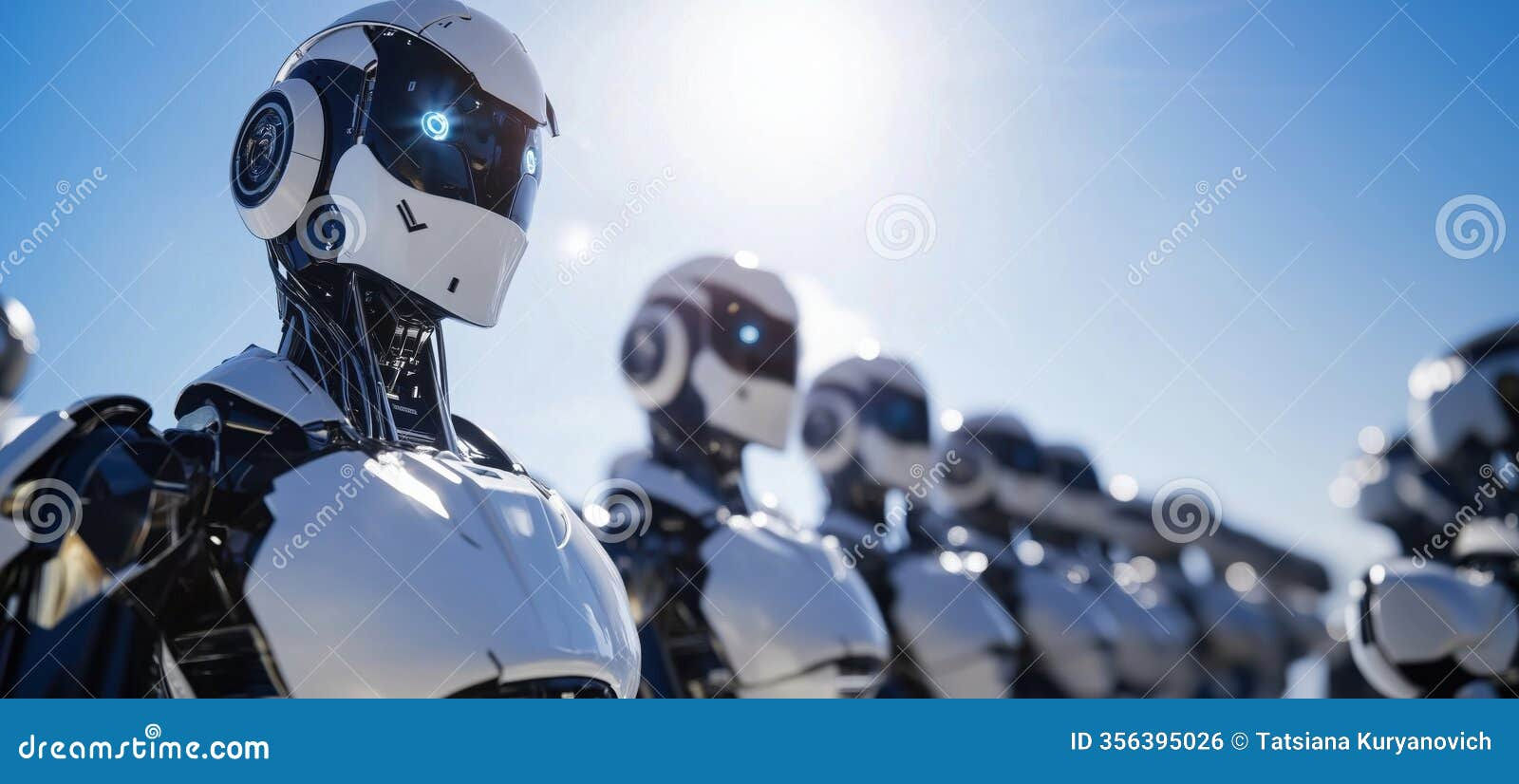 Wallpaper #q8kYjZcB-VVLIetlw2nT93 Robots Lined Up Under Bright Sun Futuristic Design Metallic Bodies