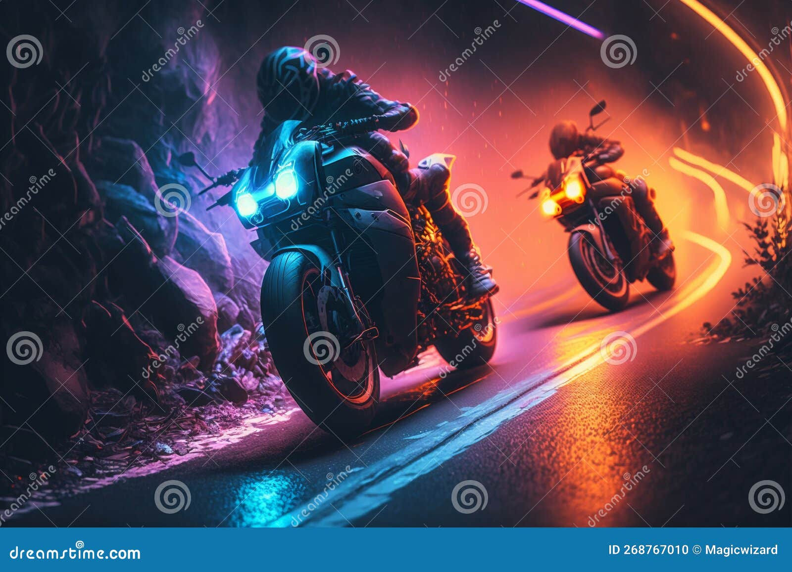 Wallpaper #3mf565IBSpphPi3-3E9y253 Racing Cyberpunk Motorcycles Down a Road Stock Illustration