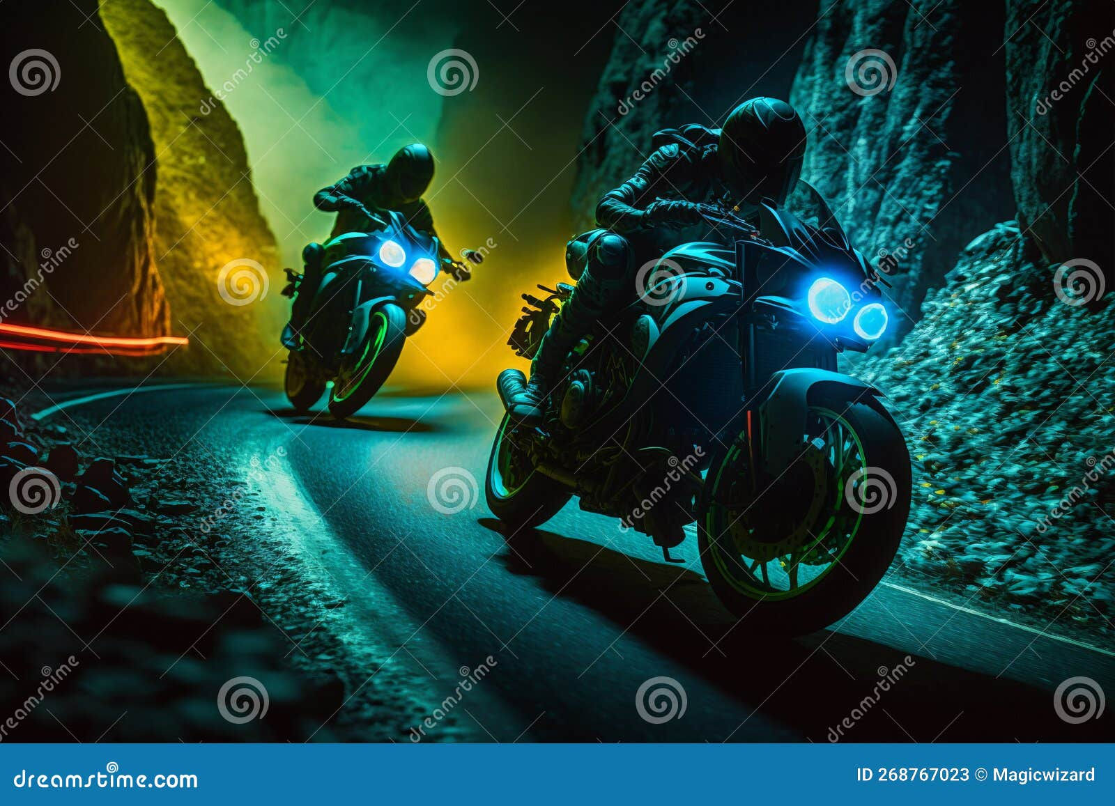 Wallpaper #3mf565IBSpphPi3-3E9y250 Racing Cyberpunk Motorcycles Down a Road Stock Illustration